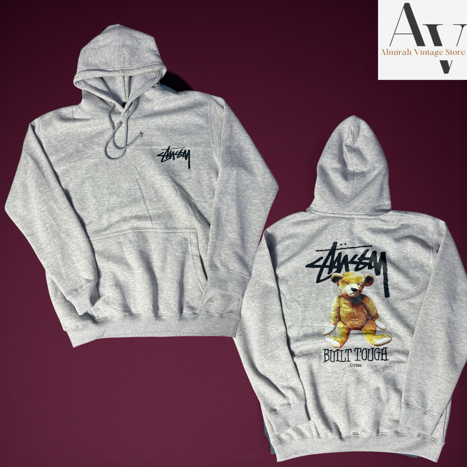 Stussy umgestalteter Stil Bären Kapuzenpullover in Schwarz und Grau