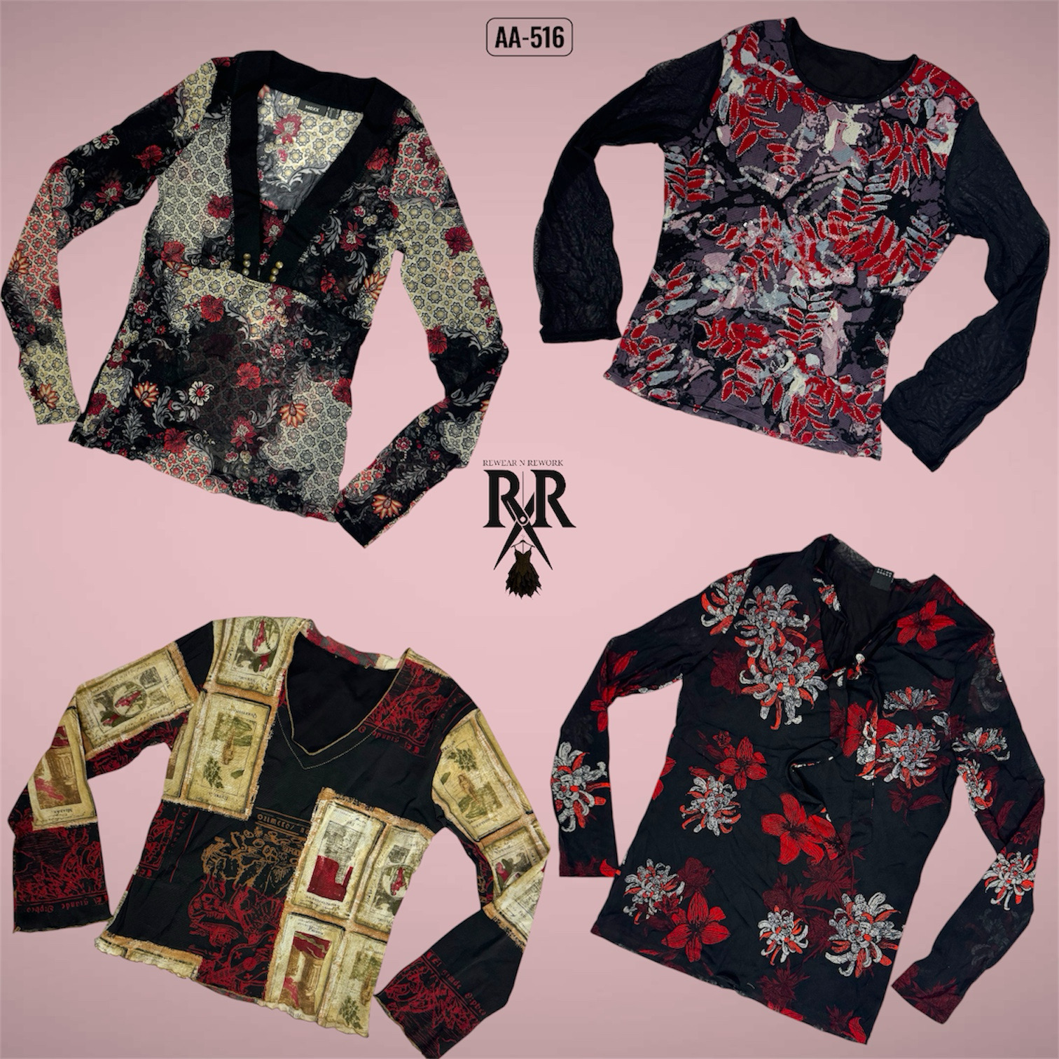 Y2K Romantic Gothic Full Sleeve Mesh Tops (AA-516)