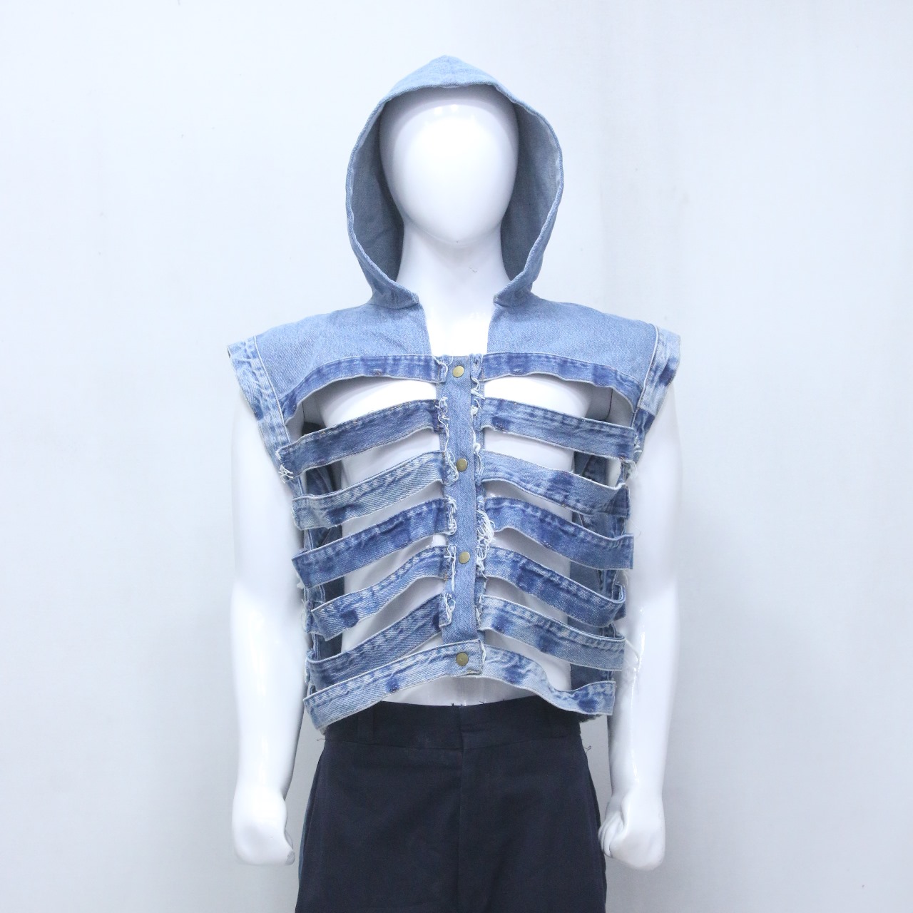 CR1006 Upcycled Strap-Cut Denim Hooded Vest