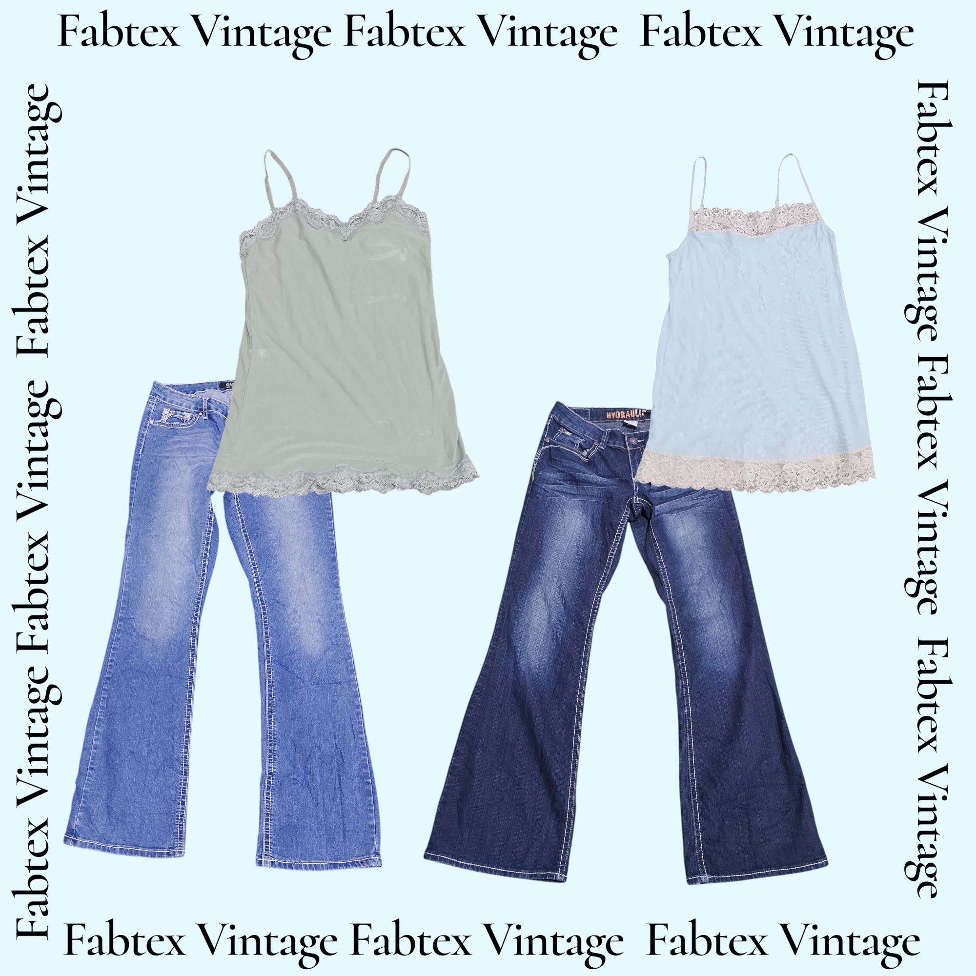 (FV-696) Y2K Ausgestellte Verzierter Jeans & Gefütterte Spitzenhals- und Unterteil Details Tops