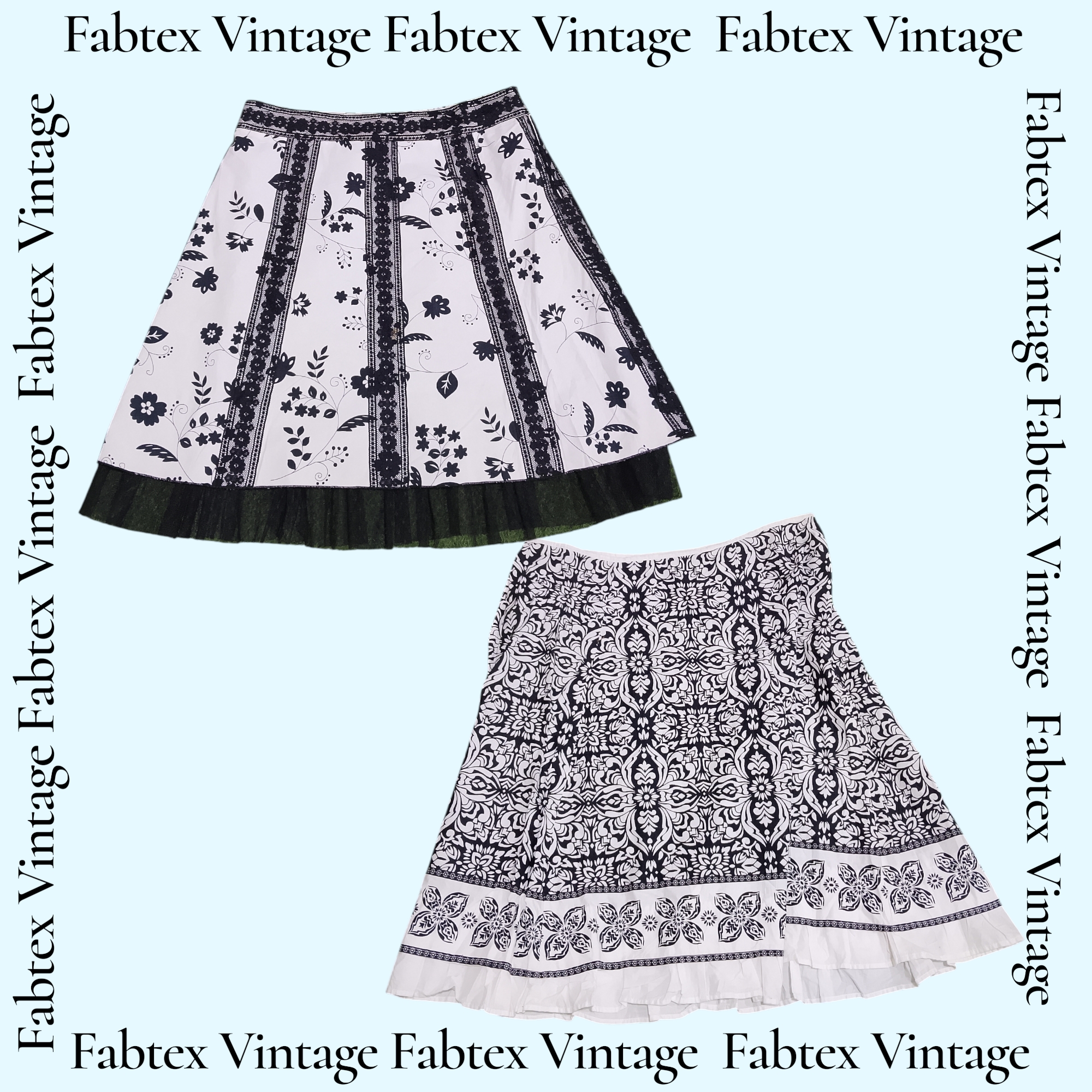 (FV-695) Saia de Fada de Algodão Estampada Floral Preto e Branco