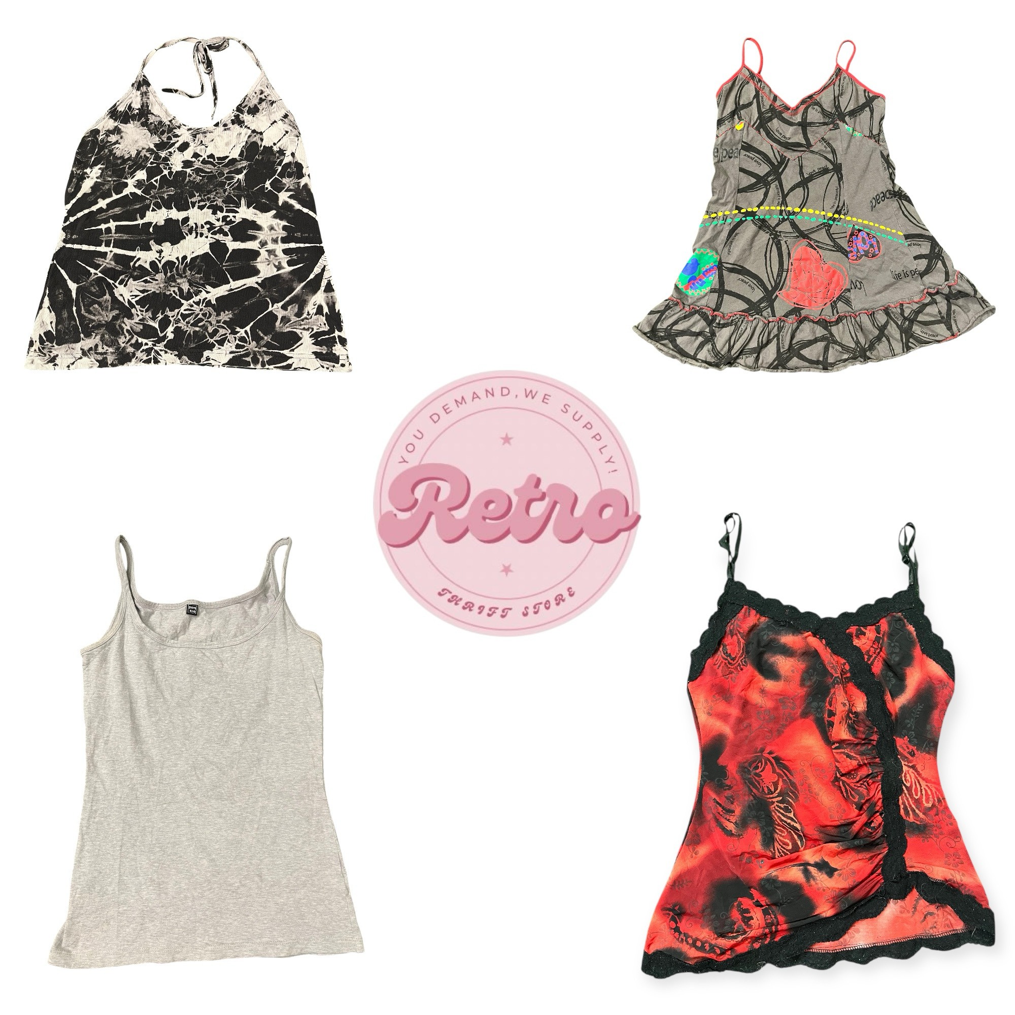 Y2K Grunge Core Top Set – Gothic Lace, Patchwork & Halter (E)