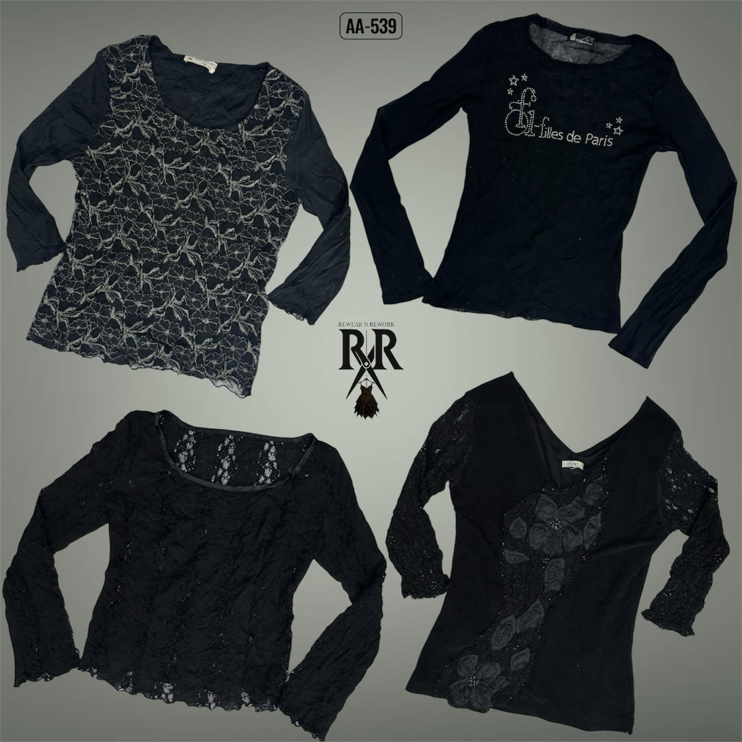 Y2K Black Gothic Full Sleeve Mesh Mix Tops (AA-539)