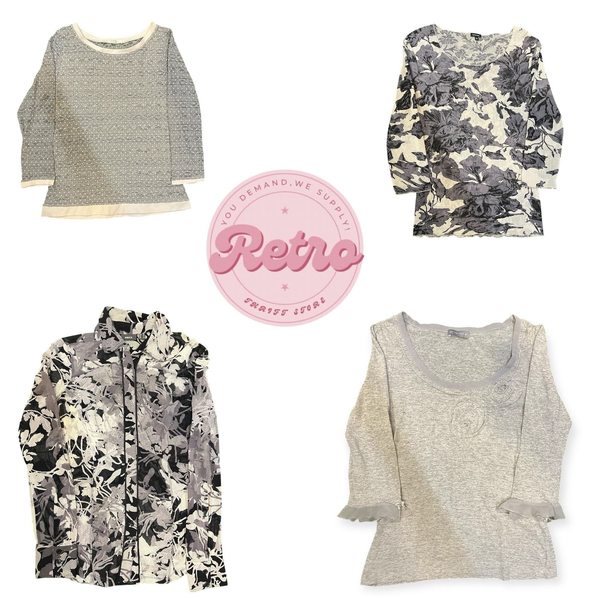 Vintage Neutral Top Bundle – Grey & Floral Long Sl..