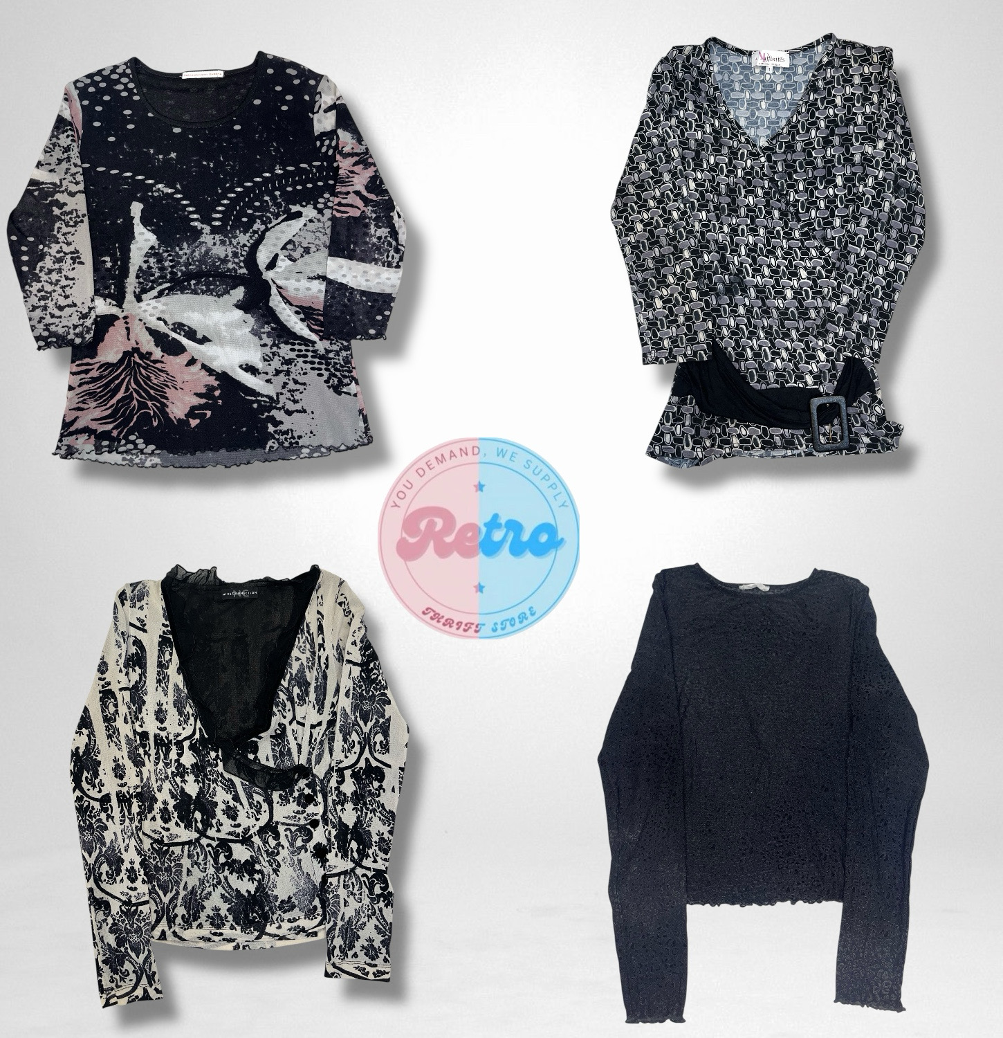 Blusa stampata con rouches frontali vintage – Nero..