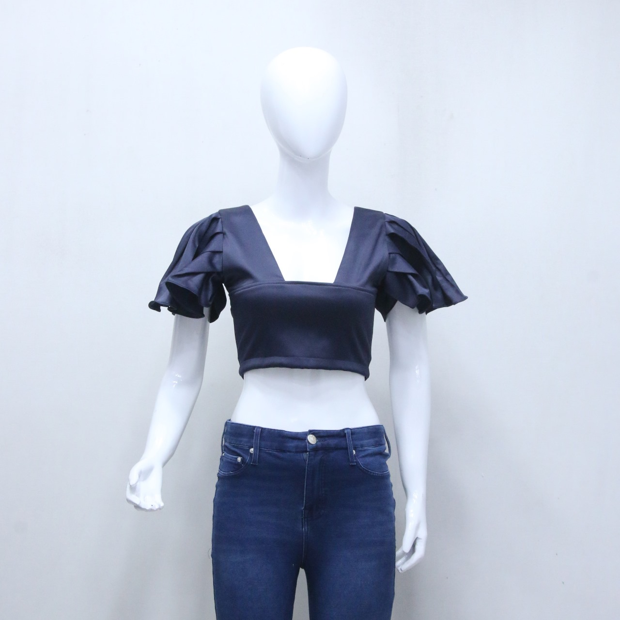 CR1026 Upcycled Satin Ruffle-Sleeve Crop Top