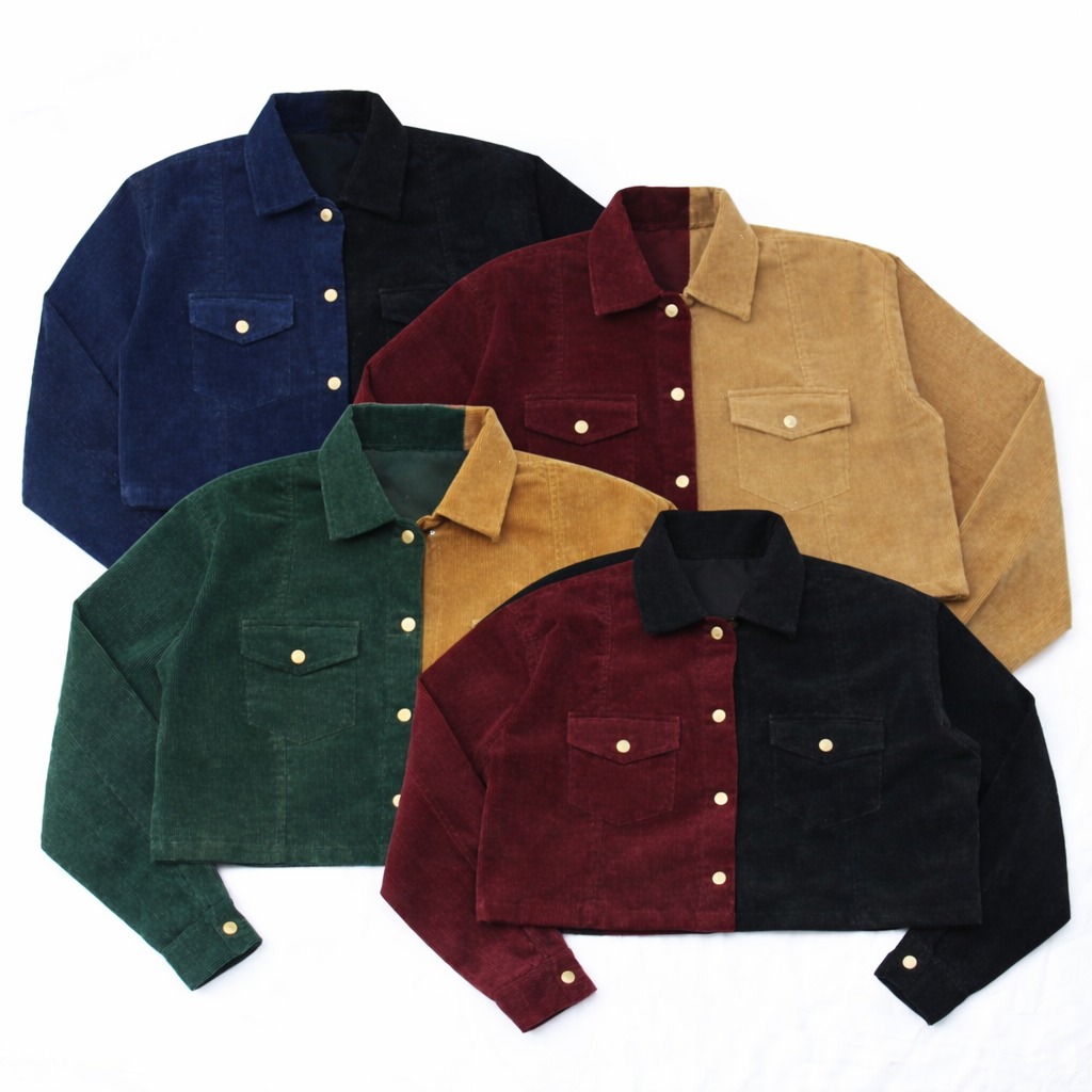 CR1029 Upcycled Corduroy Two-Tone Button-Up Cropped Jacket