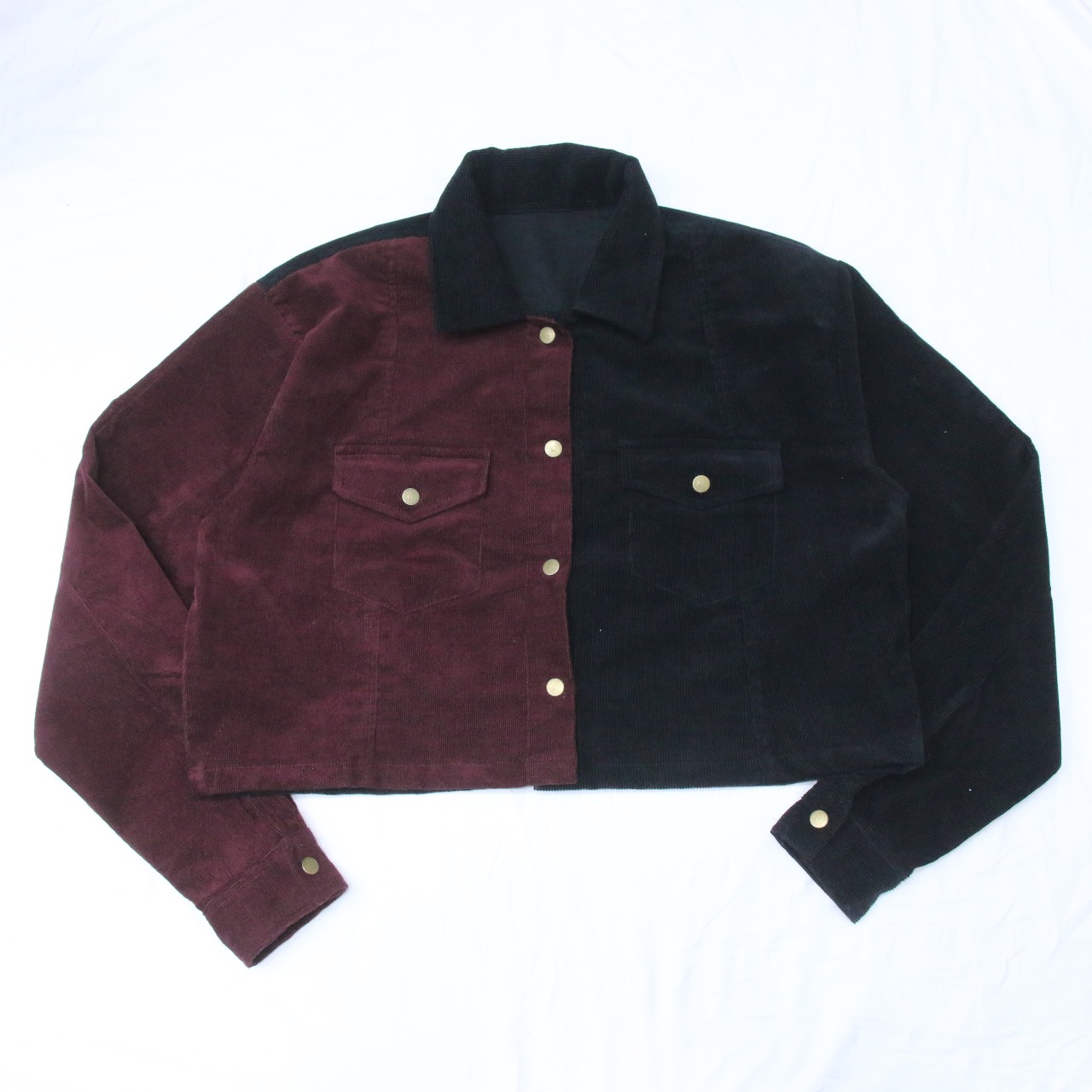 CR1029 Upcycled Corduroy Two-Tone Button-Up Cropped Jacket