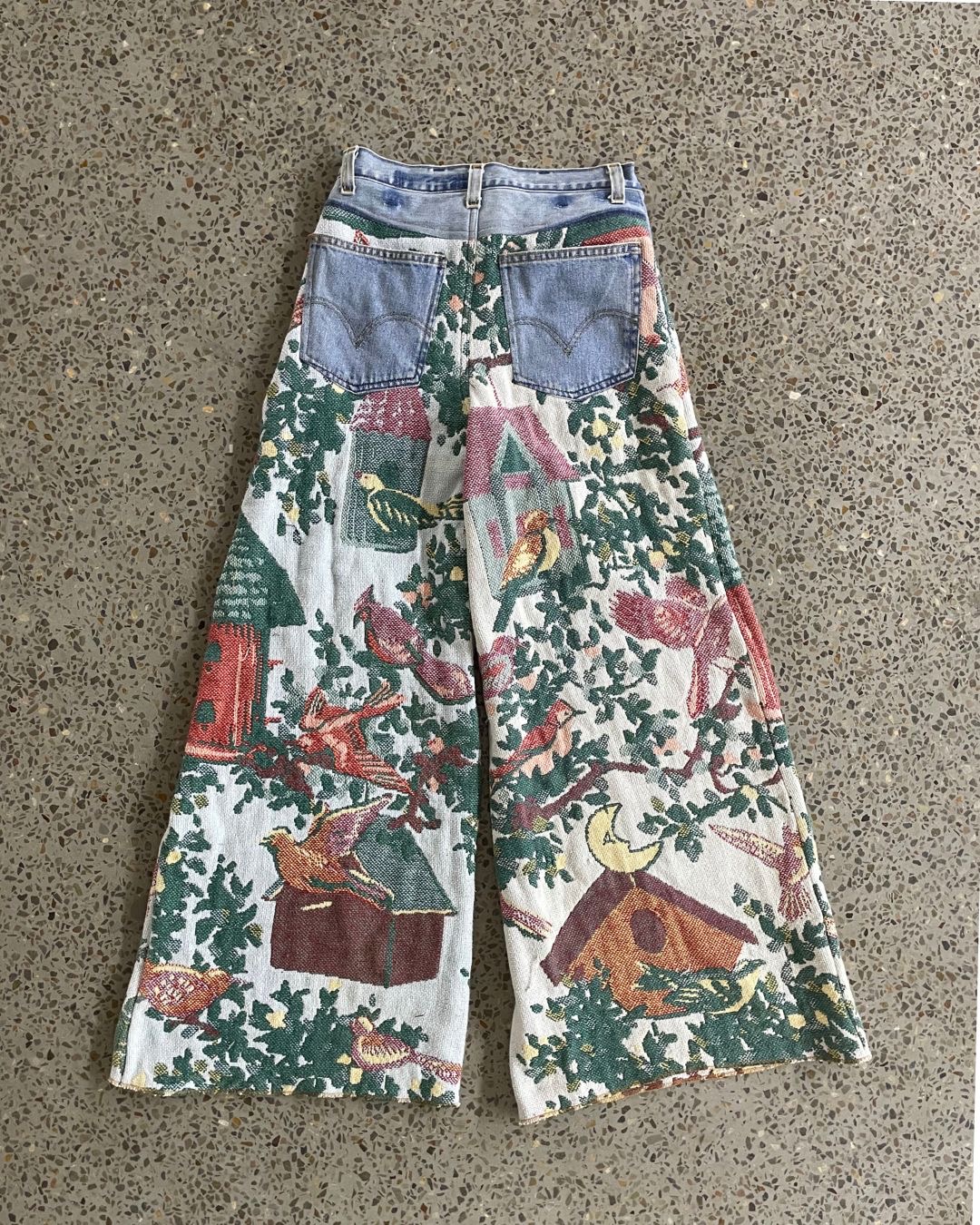 Calças wide leg de tapeçaria em denim reciclado