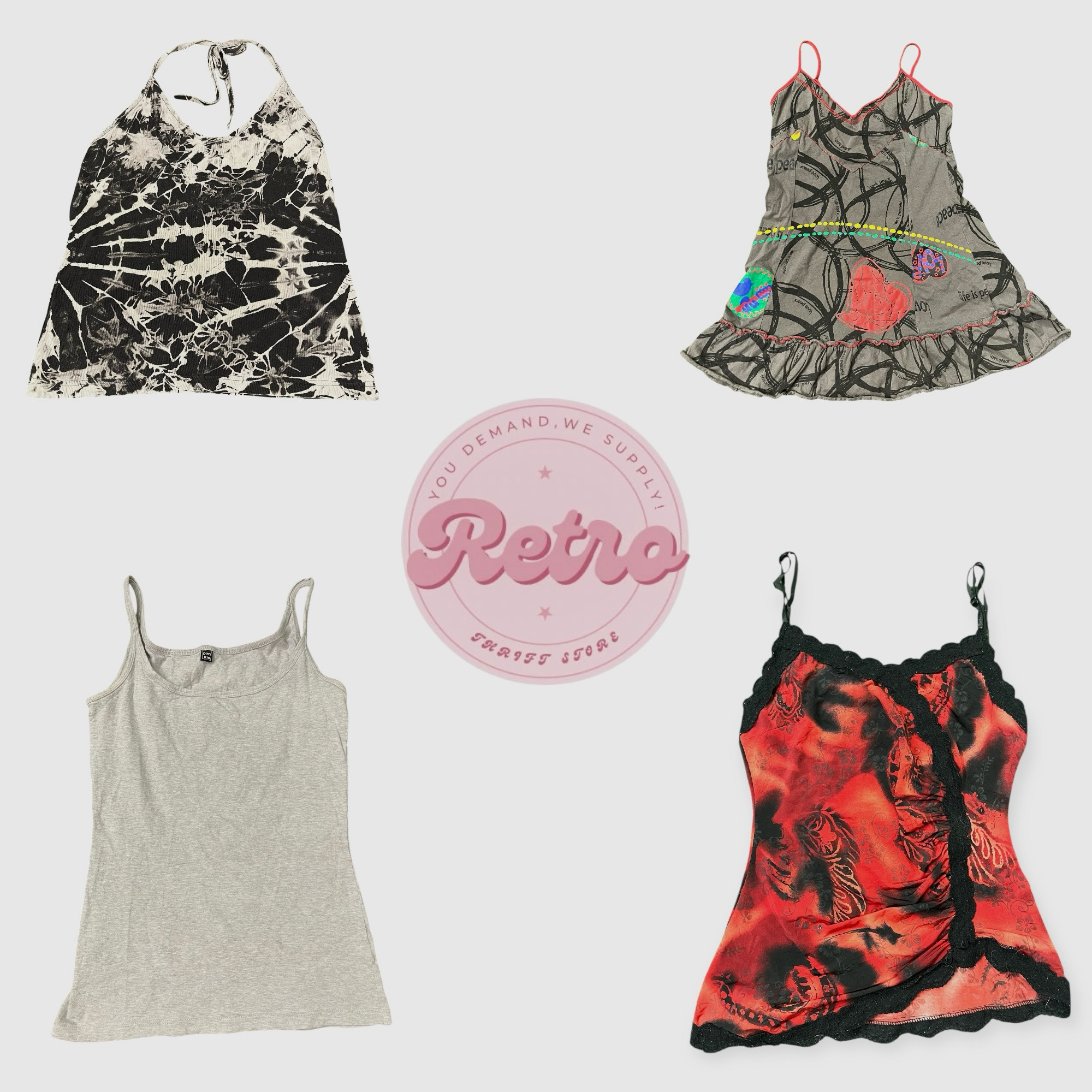 Y2K Grunge Cami Bundle – Gothic Red Lace, Sheer Patchwork & Halter Tops (R)