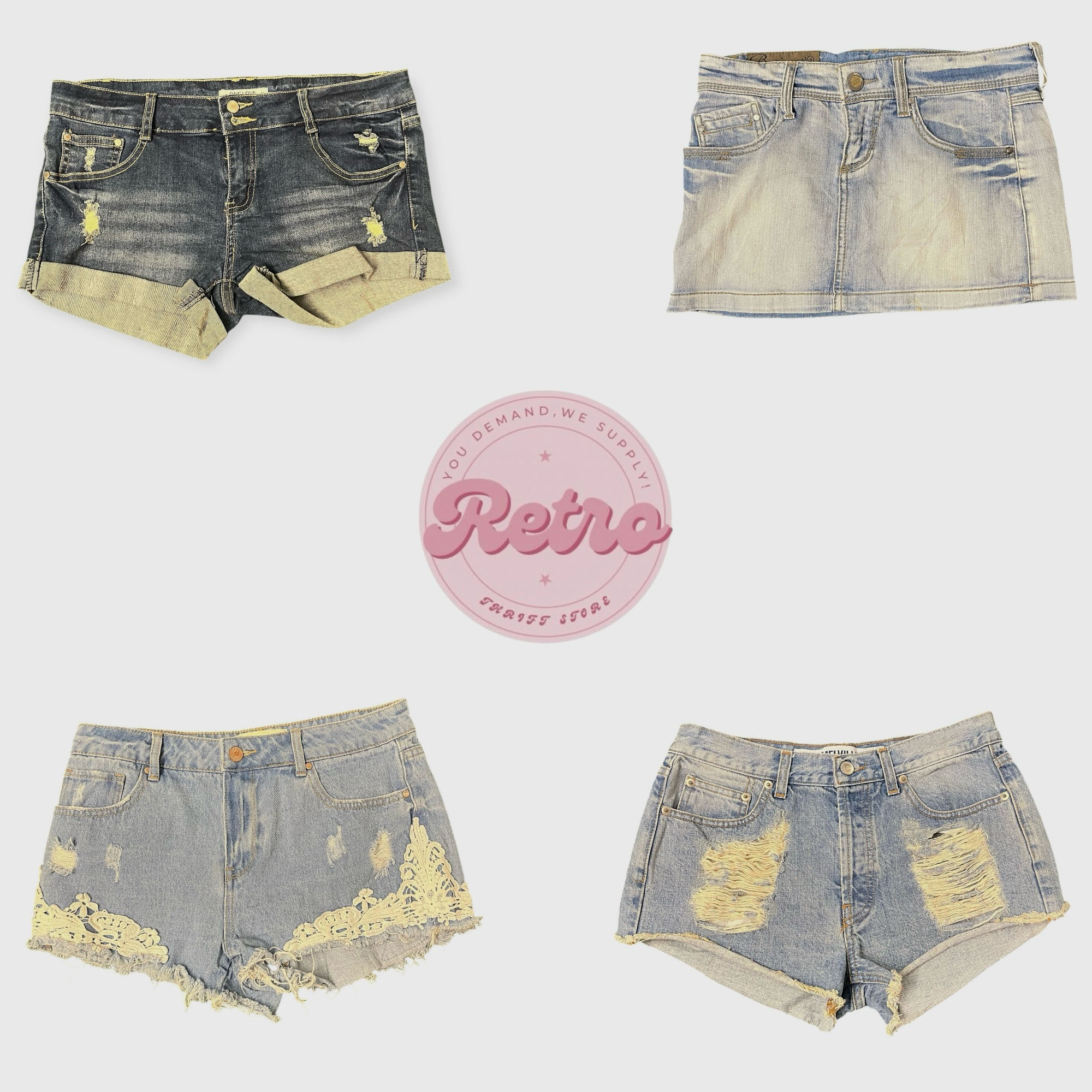 Y2K Low Rise Denim Bundle – Ripped Shorts & Mini Skirt (R)