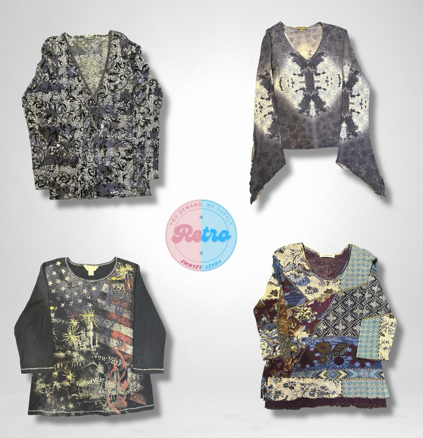 Y2K Statement Mesh Top Bundle – Patchwork, Graphic & Burnout (R)