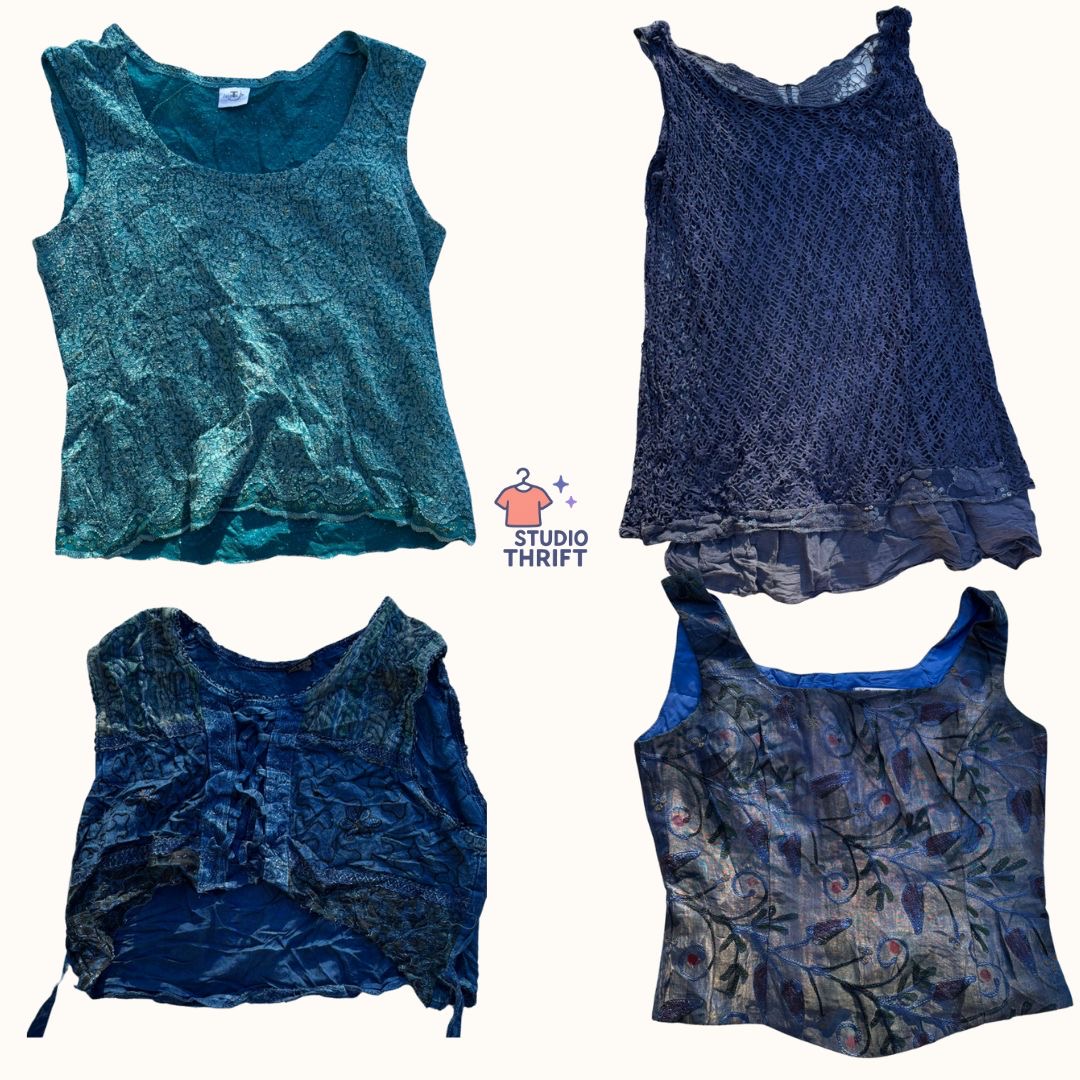 Conjunto de Regatas Grunge Azul Escuro Y2K com Detalhes em Renda e Texturizados (TT-001)