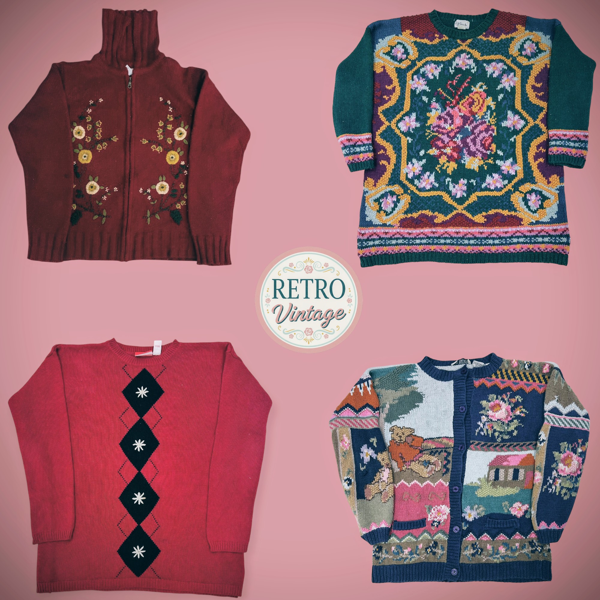 レトロフローラルジップニットセーター ヴィンテージフォークアートニットプルオーバー コテージコアストーリーニットカーディガン (R)