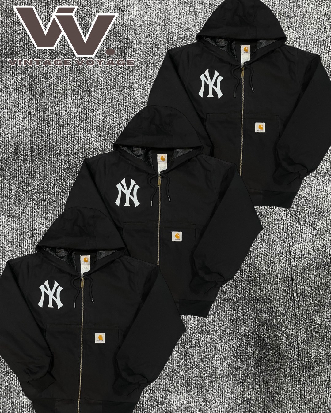 Jaquetas com capuz de cor preta estilo retrabalhado Carhartt x Yankees #1712