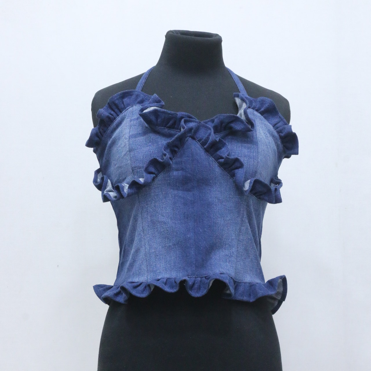 CR1044  Upcycled Denim Ruffle Halter Top