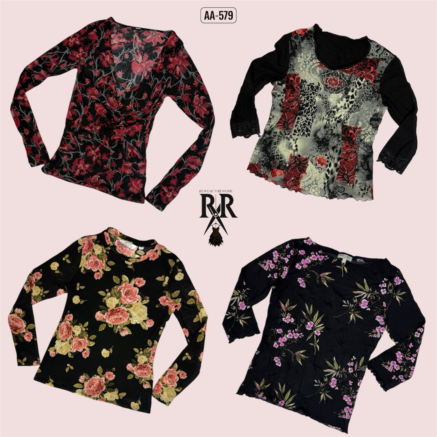 Y2K The Black Floral Print Full Sleeve Tops (AA-579)