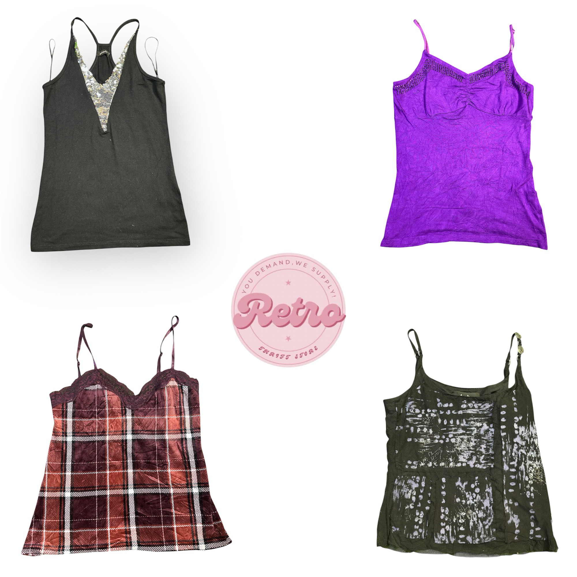 ヴィンテージグランジプリントキャミトップ – Y2K美学スパゲッティストラップトップ 日常＆パーティー用 (E)