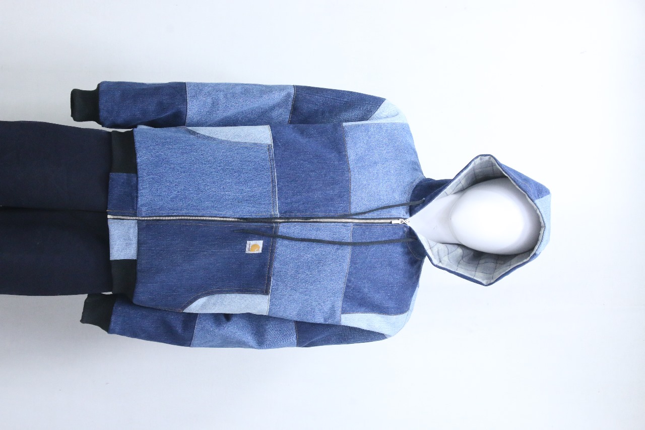 CR1060 Upcycled Patchwork Denim Hooded Zip Jacket