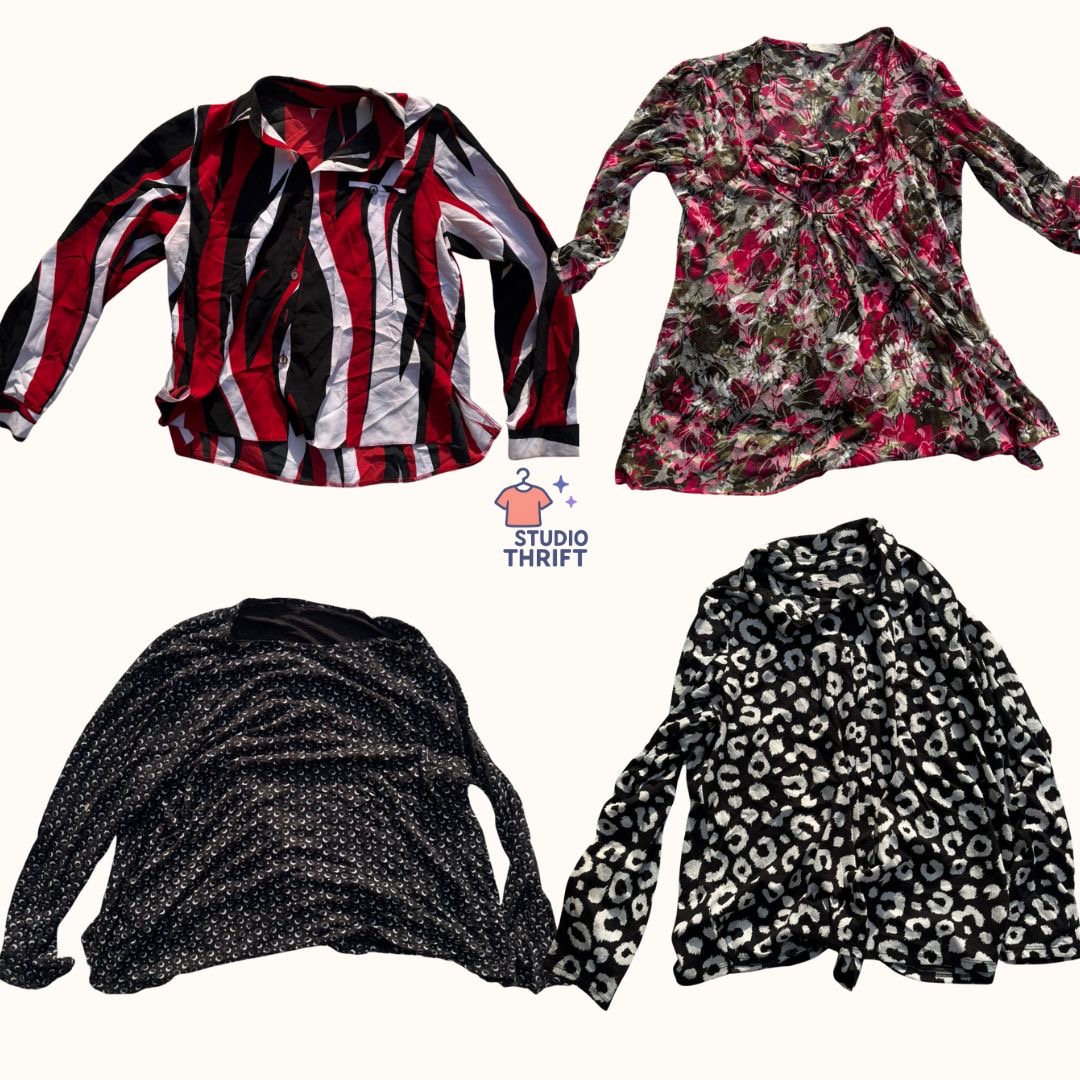 Y2Kロングスリーブトップスバンドル | ストライプフローラルレオパードプリント2000年代ヴィンテージロット(FS-008)