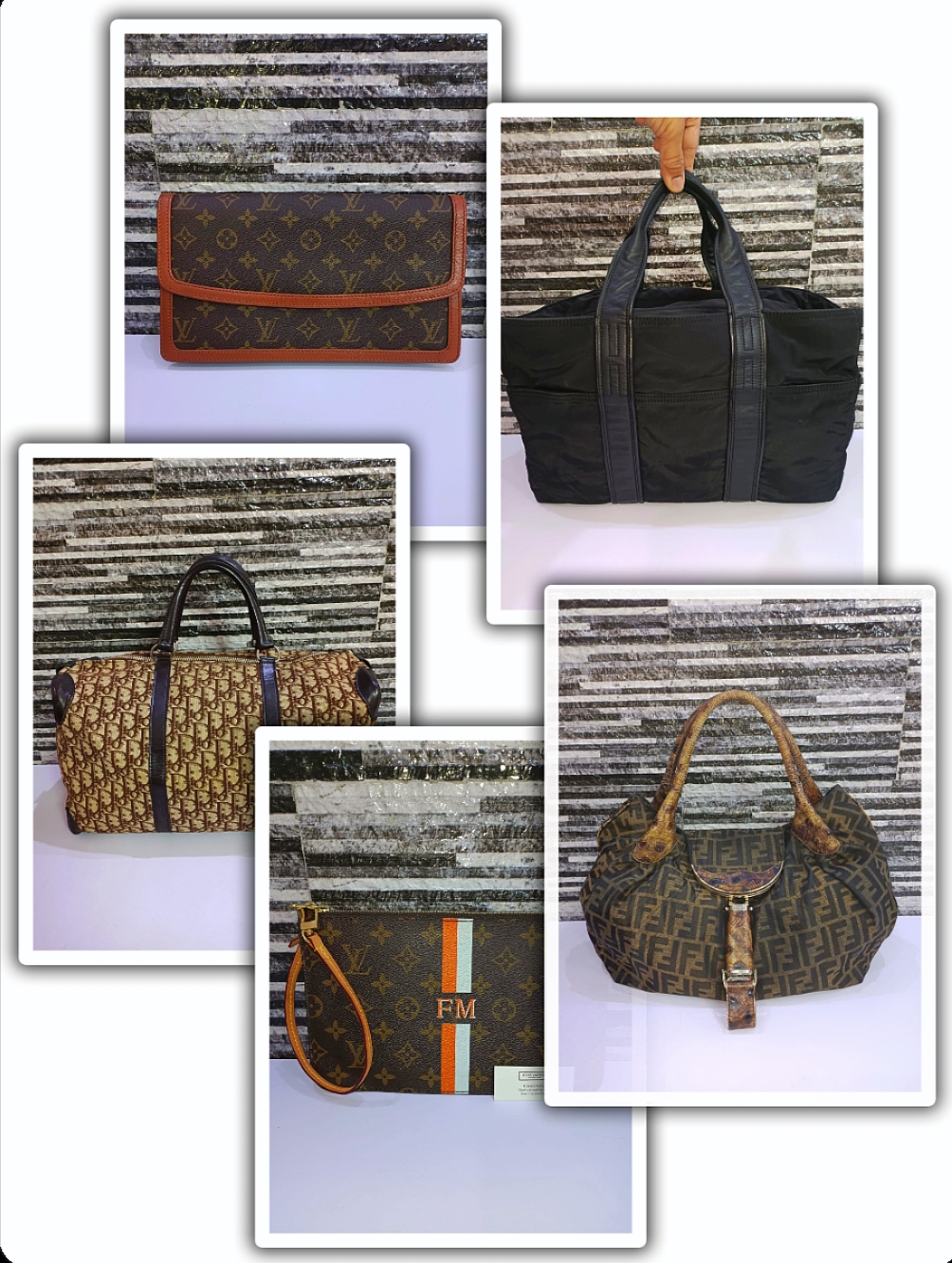 エルメス、ルイ・ヴィトン、クリスチャン・ディオール、フェンディ。5つのバッグのセット。