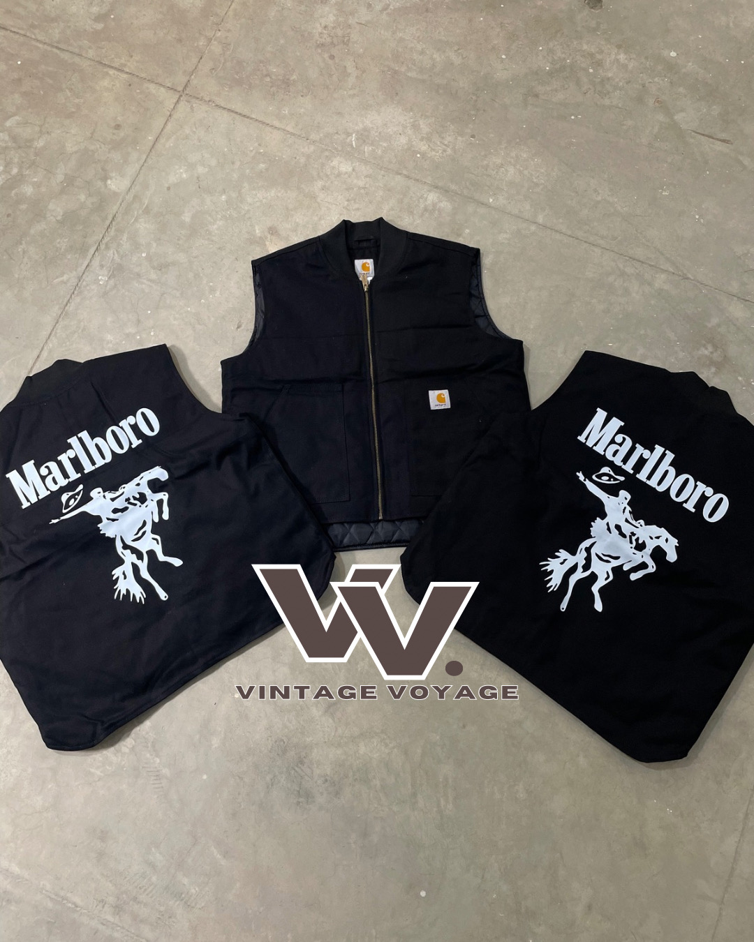 Carhartt x Marlboro reworked style black printed gilets #2312