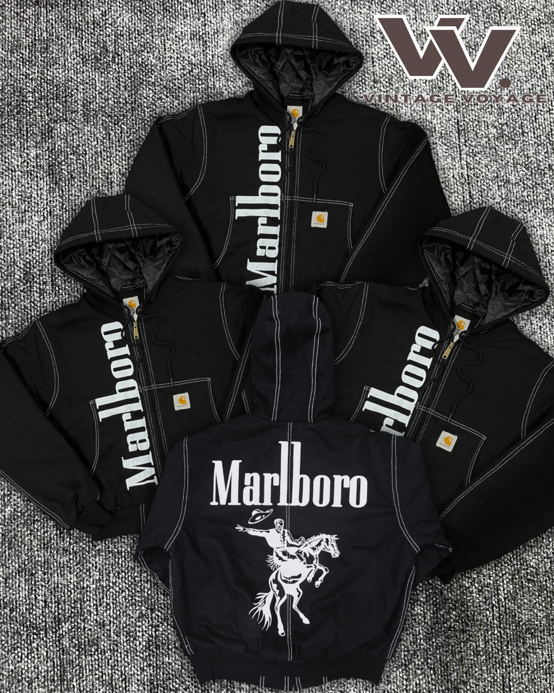 Carhartt X Marlboro jaquetas com capuz de estilo retrabalhado preto e branco com costura #2412