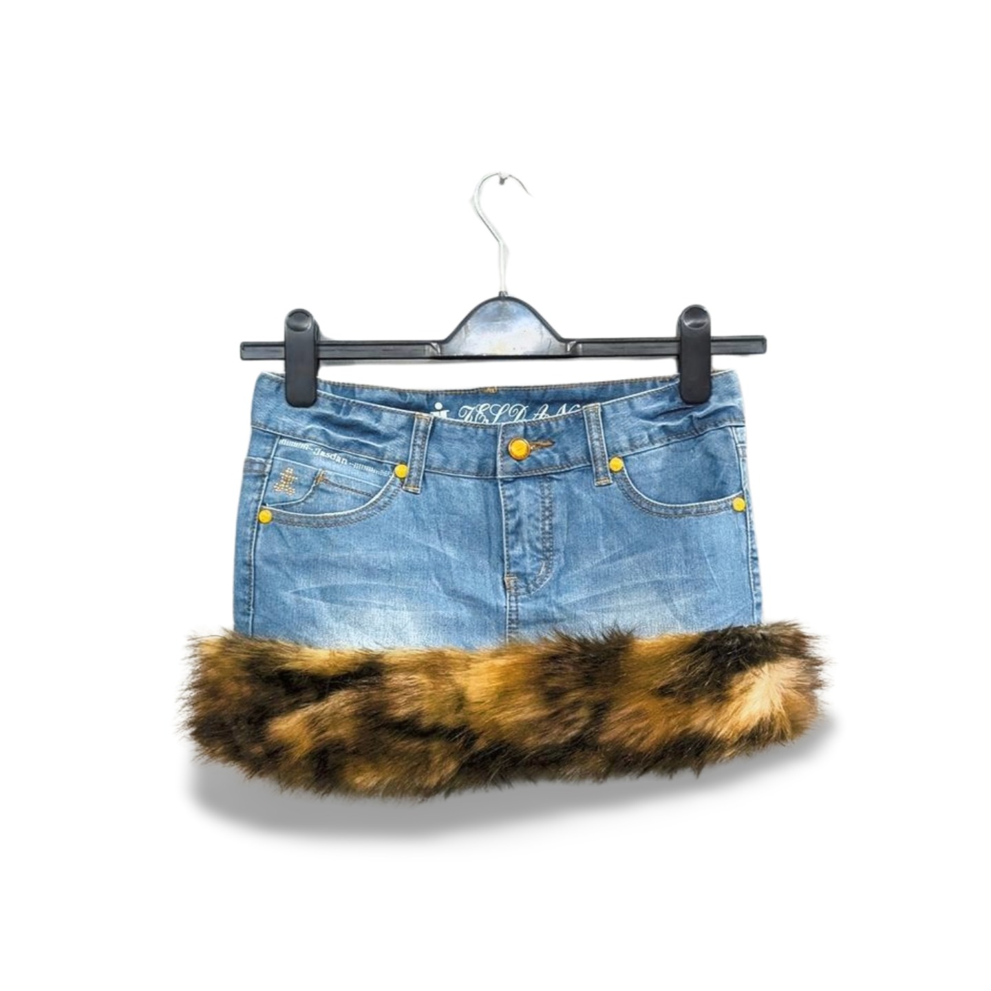 UPCYCLED DENIM MINI SKIRT WITH FUR