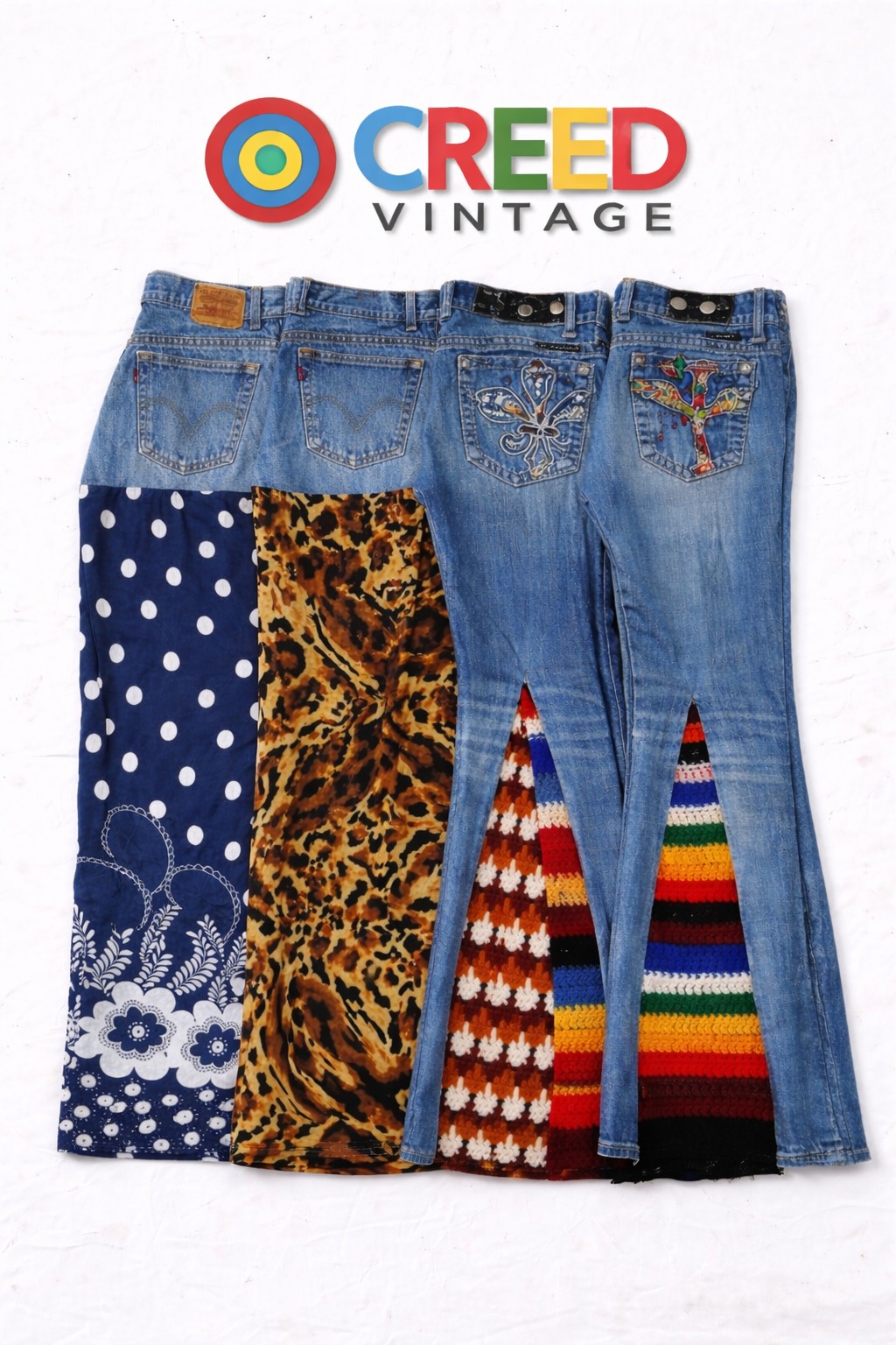 CR5721 Upcycled Patchwork Levi’s & Miss Me Flare Jeans