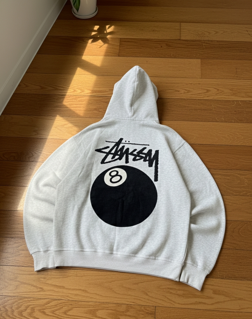 Stussy 8ball rework style white pullover hoodie