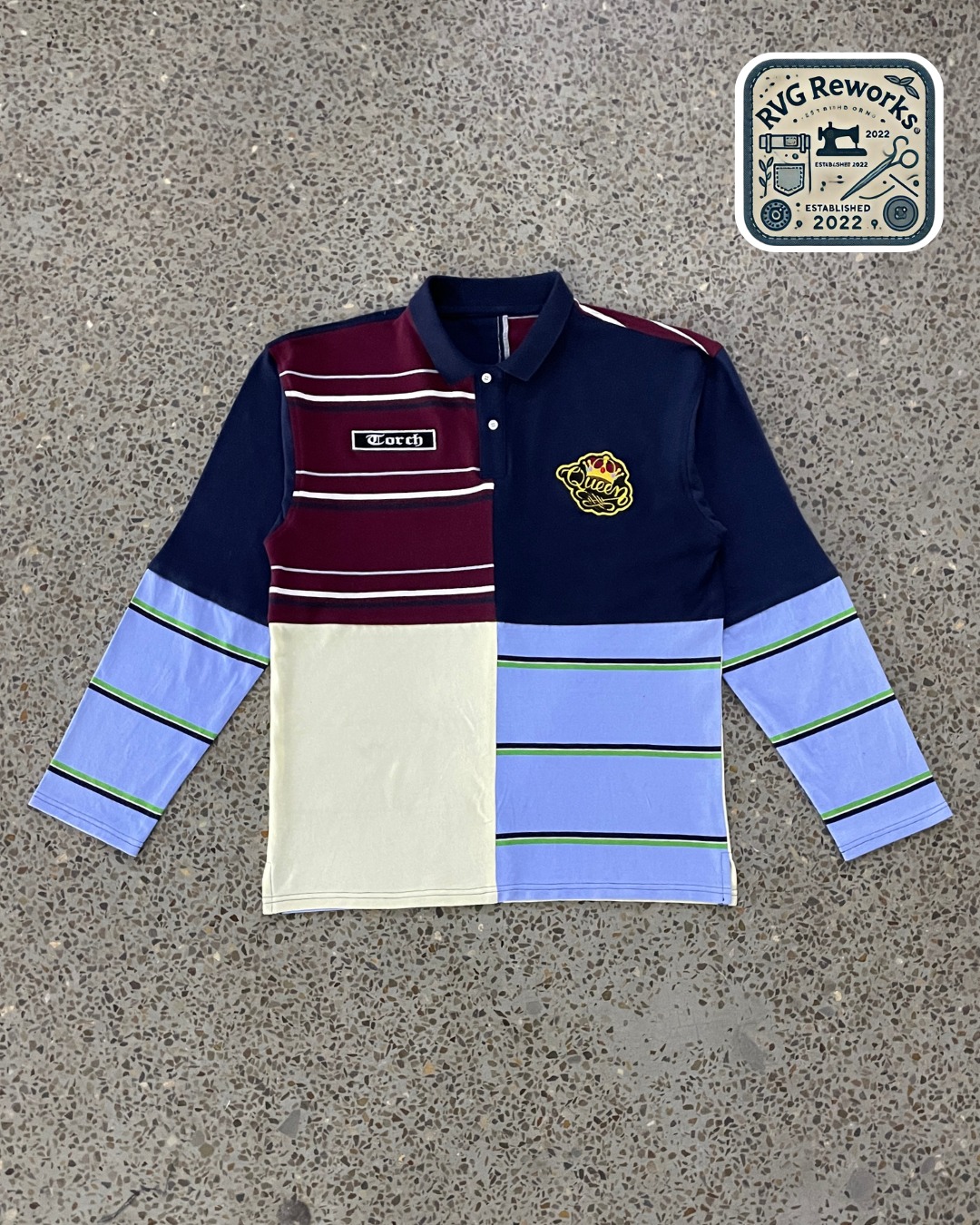 Upcycled Patchwork Long-Sleeve Polo Shirt