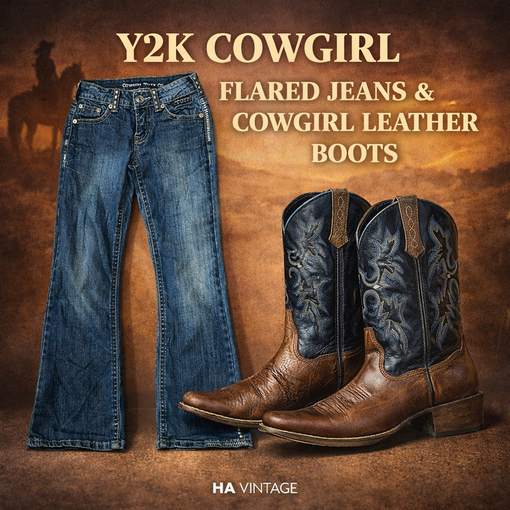 Y2K Cowgirl Bundle - Jean en denim évasé Bottes de cowgirl en cuir