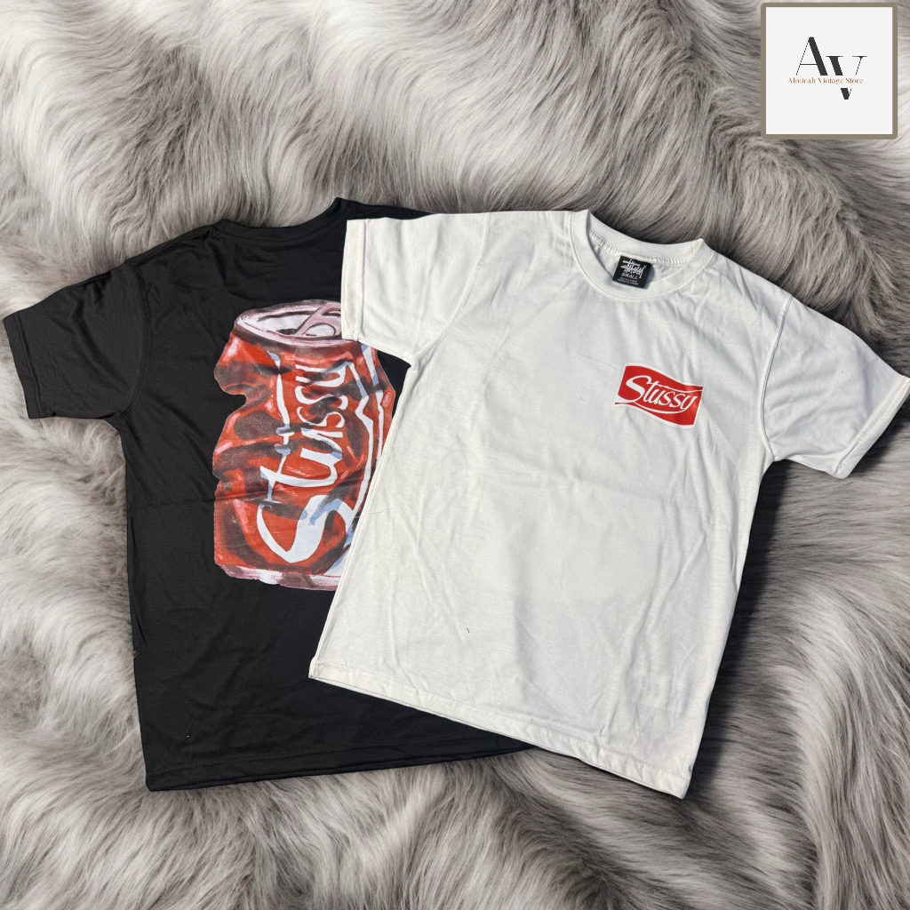 T-shirt sodacan bianca e nera stile rework Stussy