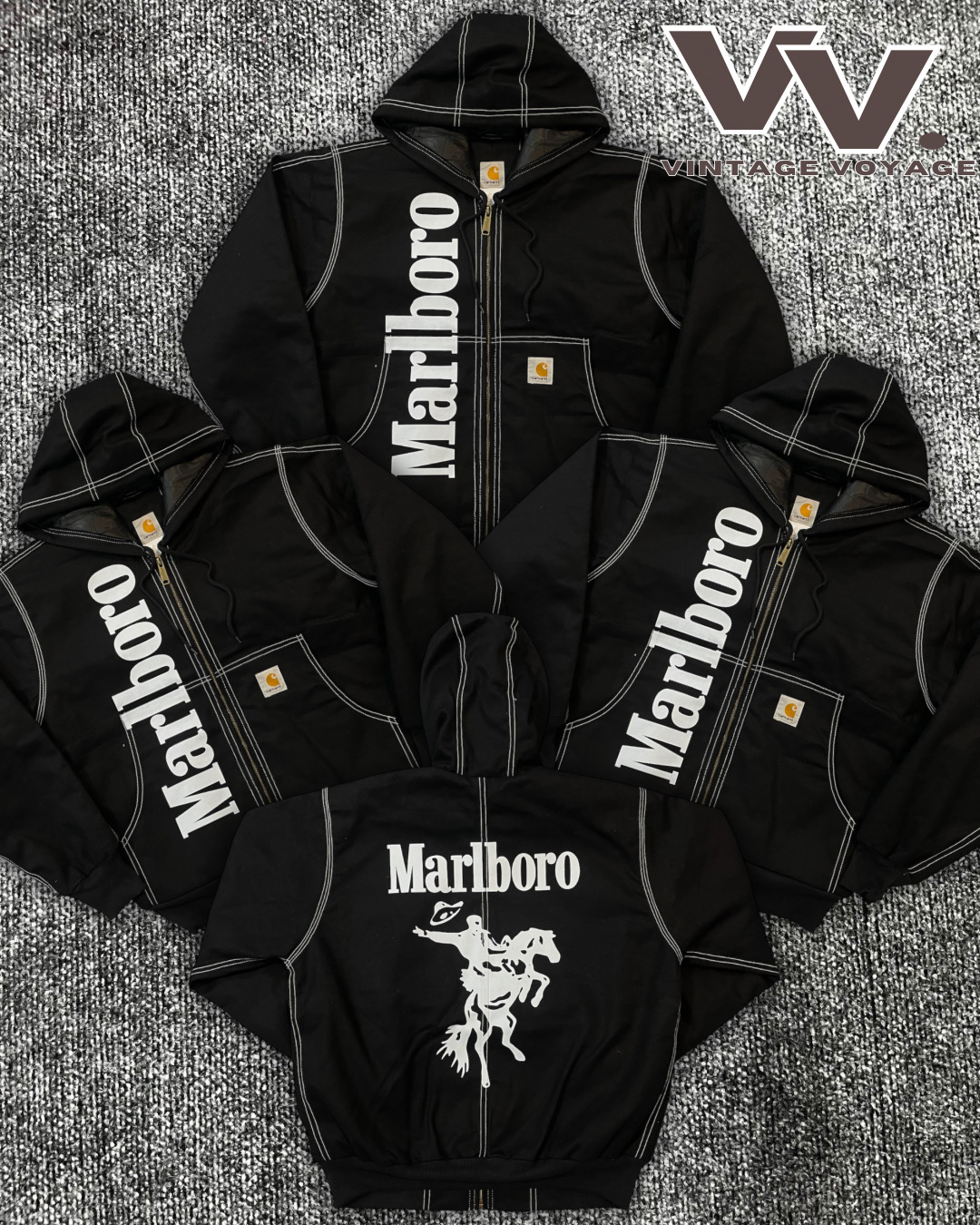 Carhartt x Marlboro vestes à capuche retravaillées noires à couture blanche #7126