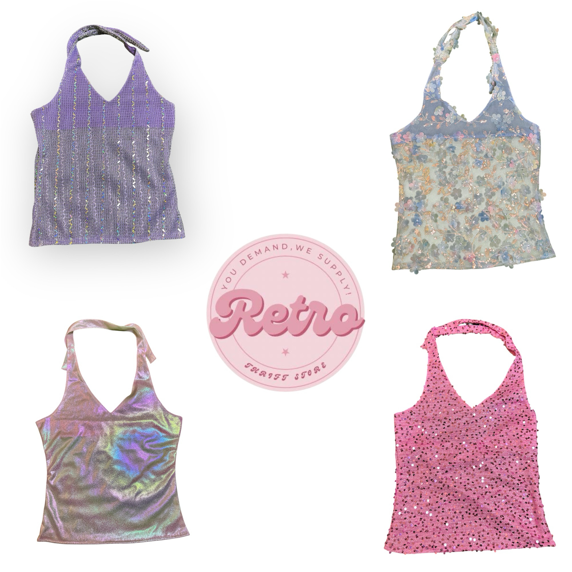 Upcycled halter neck sparkle beaded tops (E)