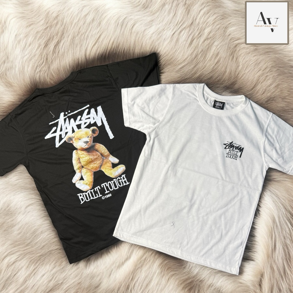 Stussy rework style bear t shirt in black & white