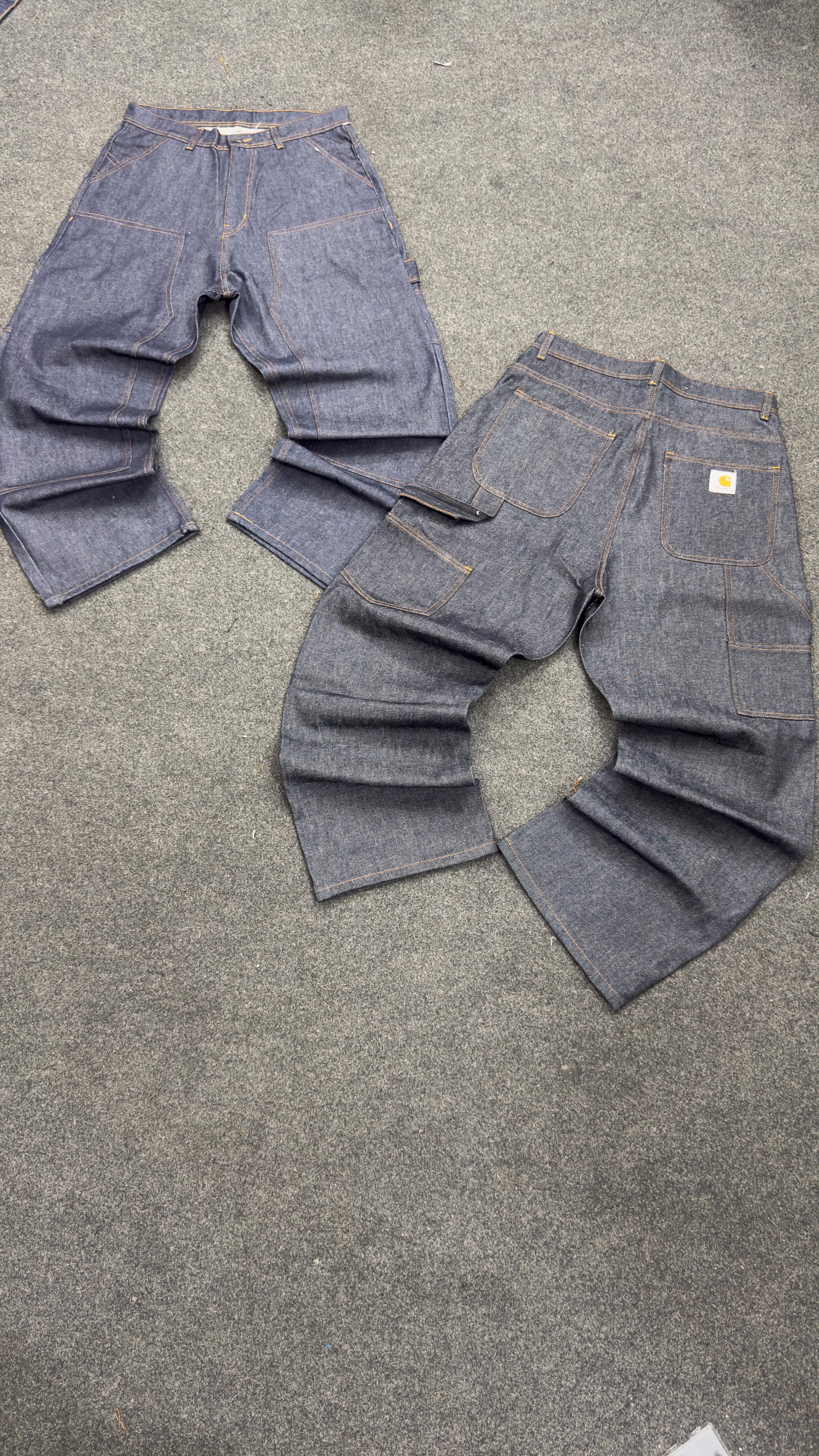 Carhartt Dark Blue and Dark Grey Raw Denim Double Knee Rework Style Jeans