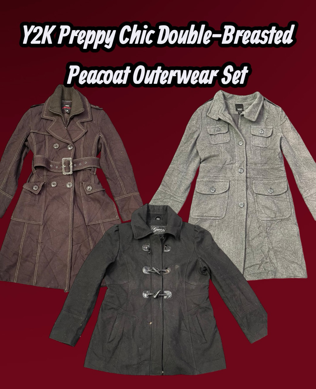 Y2K Preppy Chic Double-Breasted Peacoat Outerwear Set - (10/01)