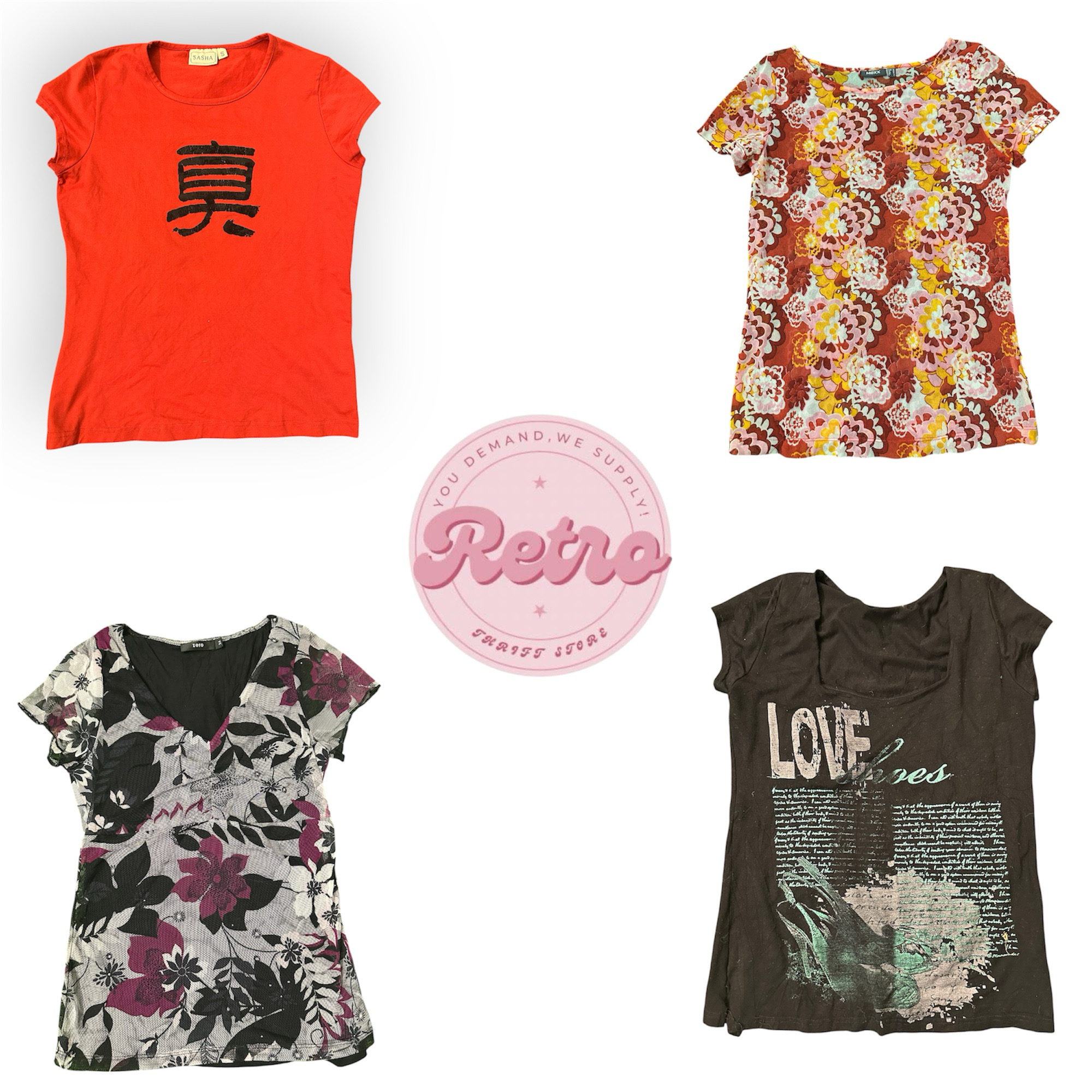 Classic Brown Floral Pattern Retro Style Soft Cotton Short Sleeve Women Top (E)