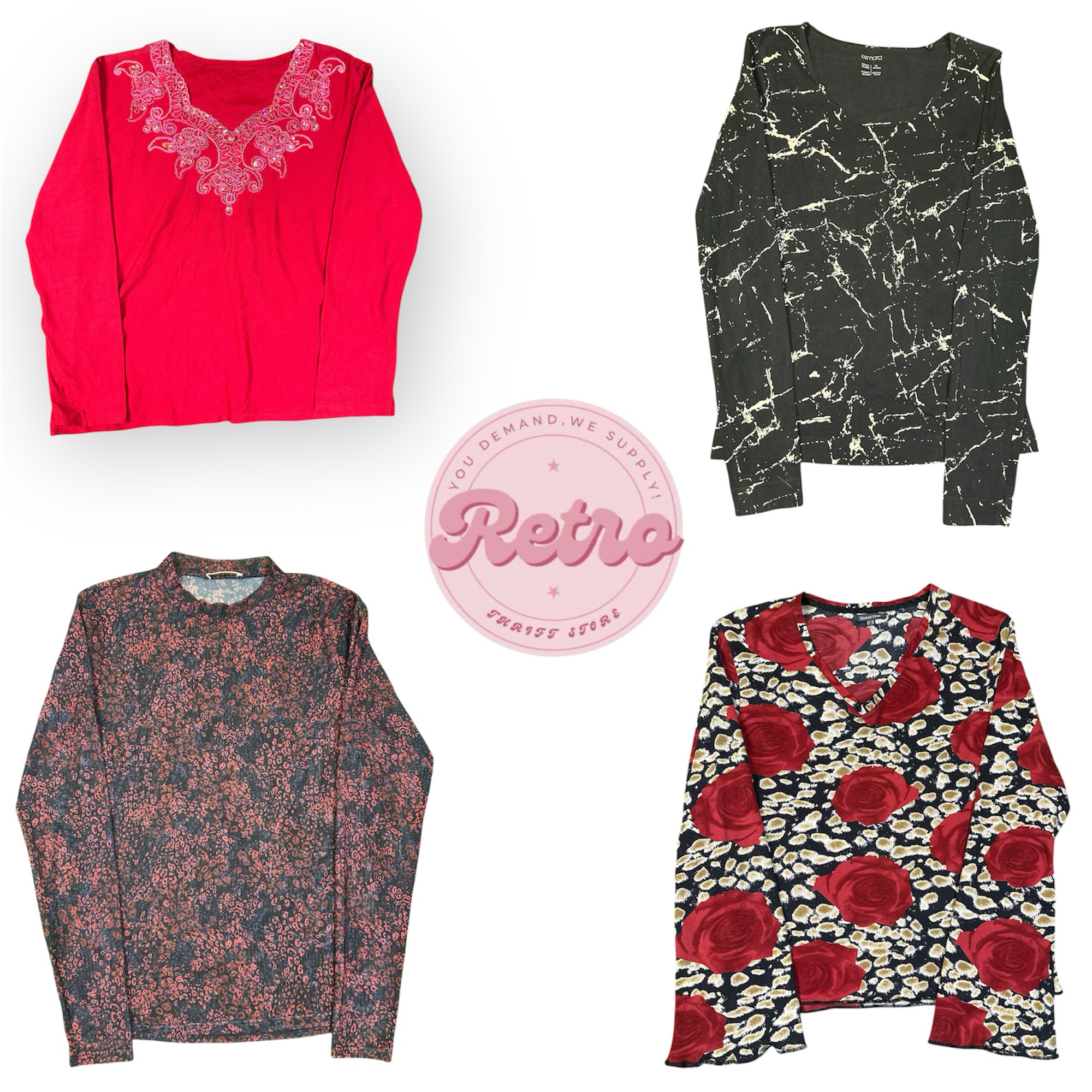 ビンテージレッド刺繍ネックライン長袖レトロスタイルウィンターウィメントップ (E)