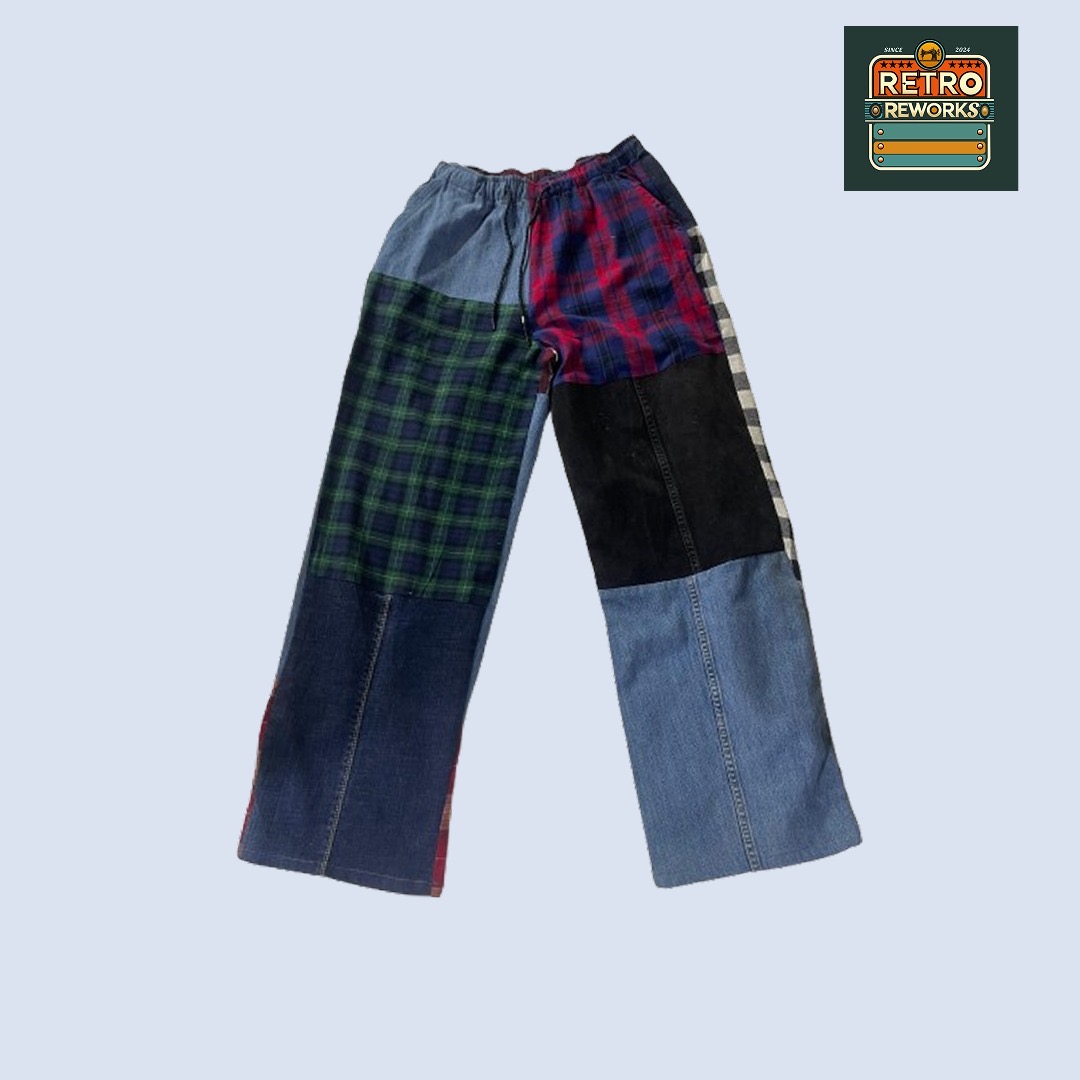 アップサイクルされたパッチワークチェックデニムパンツ