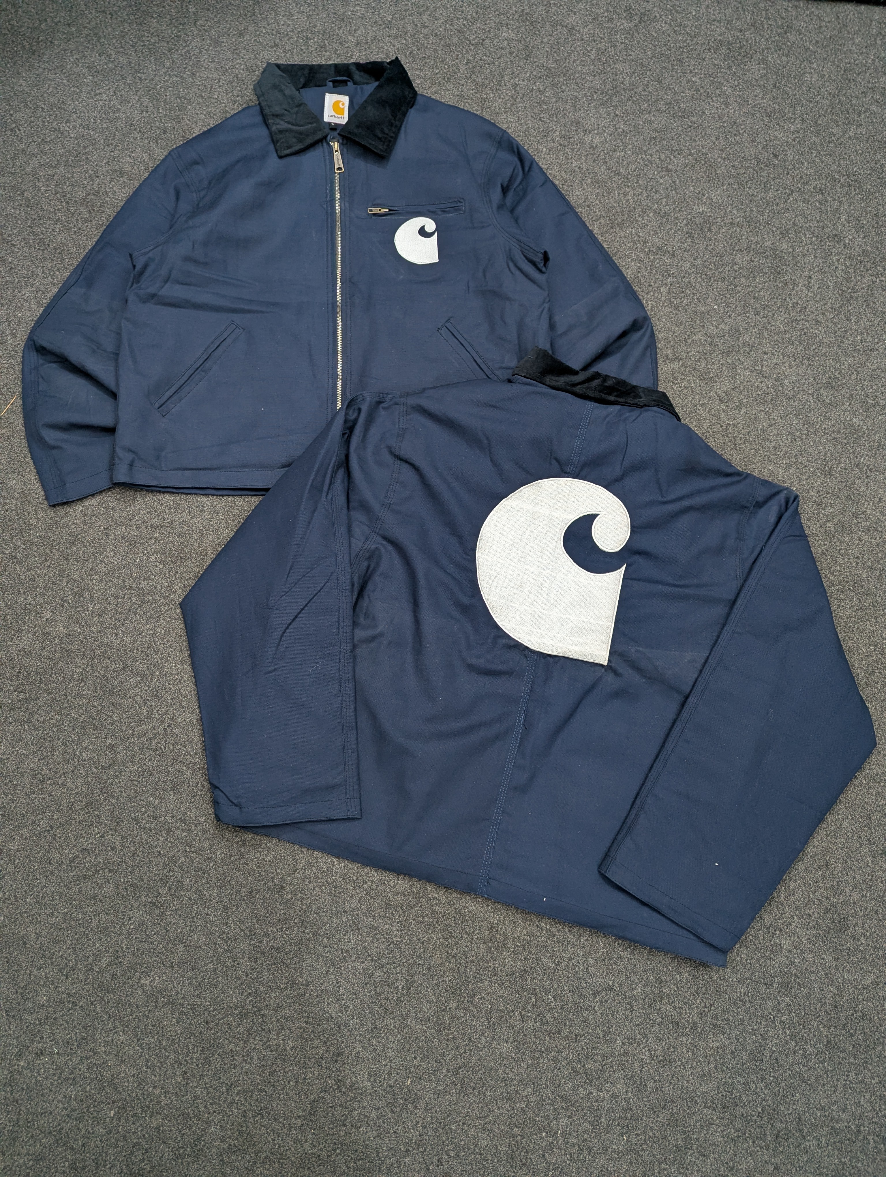 Jaquetas Carhartt Rework Style Azul Marinho Detroit, Bordado Branco do Logo Carhartt (frente e verso), (CE-003), 5 pcs
