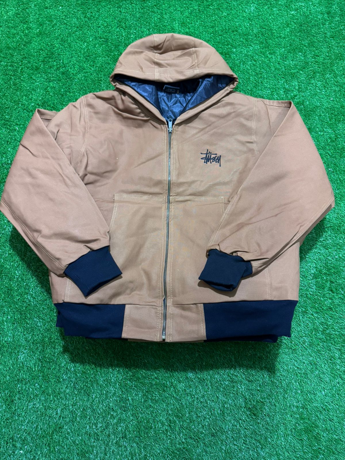 Rework Style Stussy Tan hooded jacket.