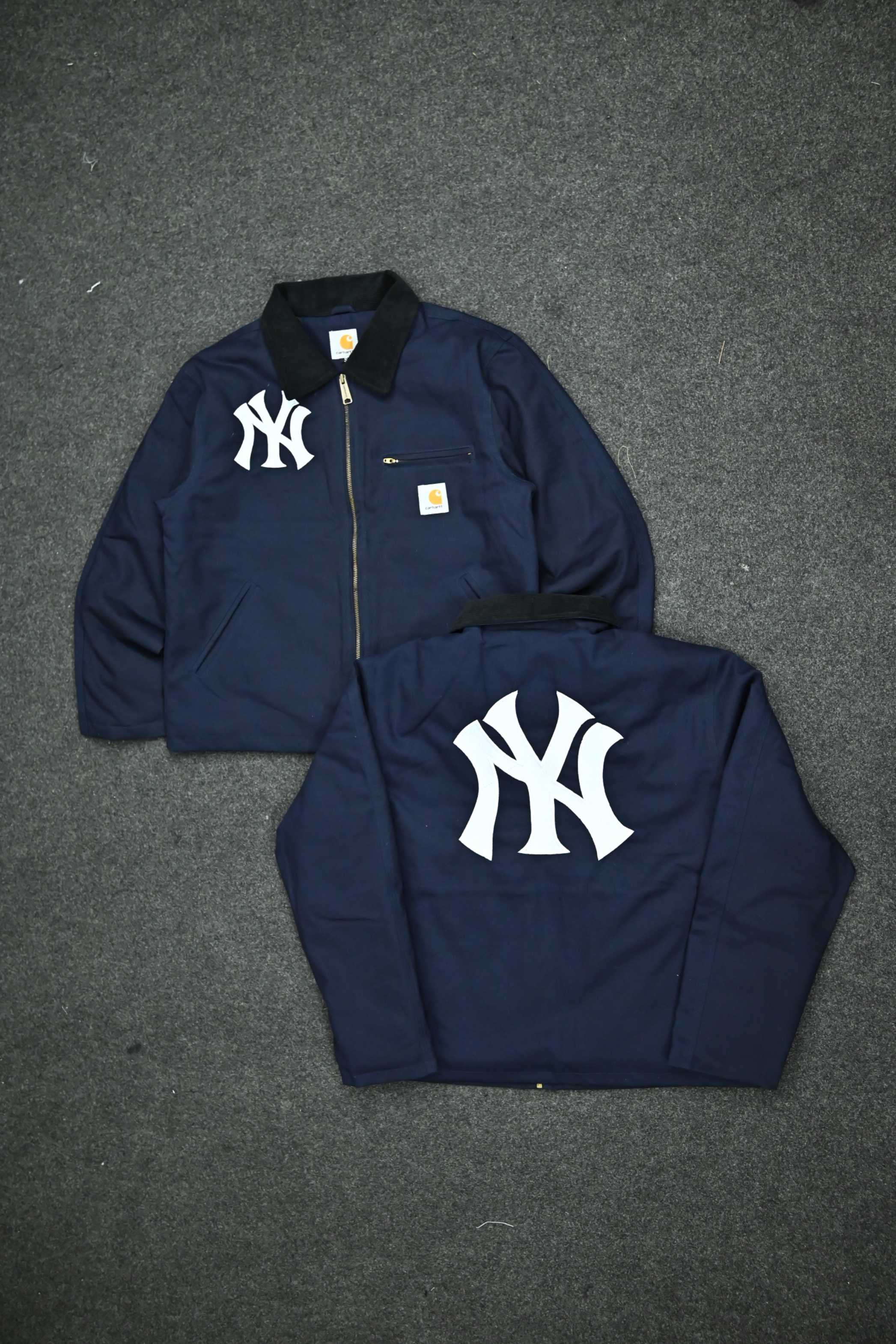 Vestes de style rework Detroit Carhartt x NY en bleu navy, broderie du logo NY (avant et arrière), (NYE-001)