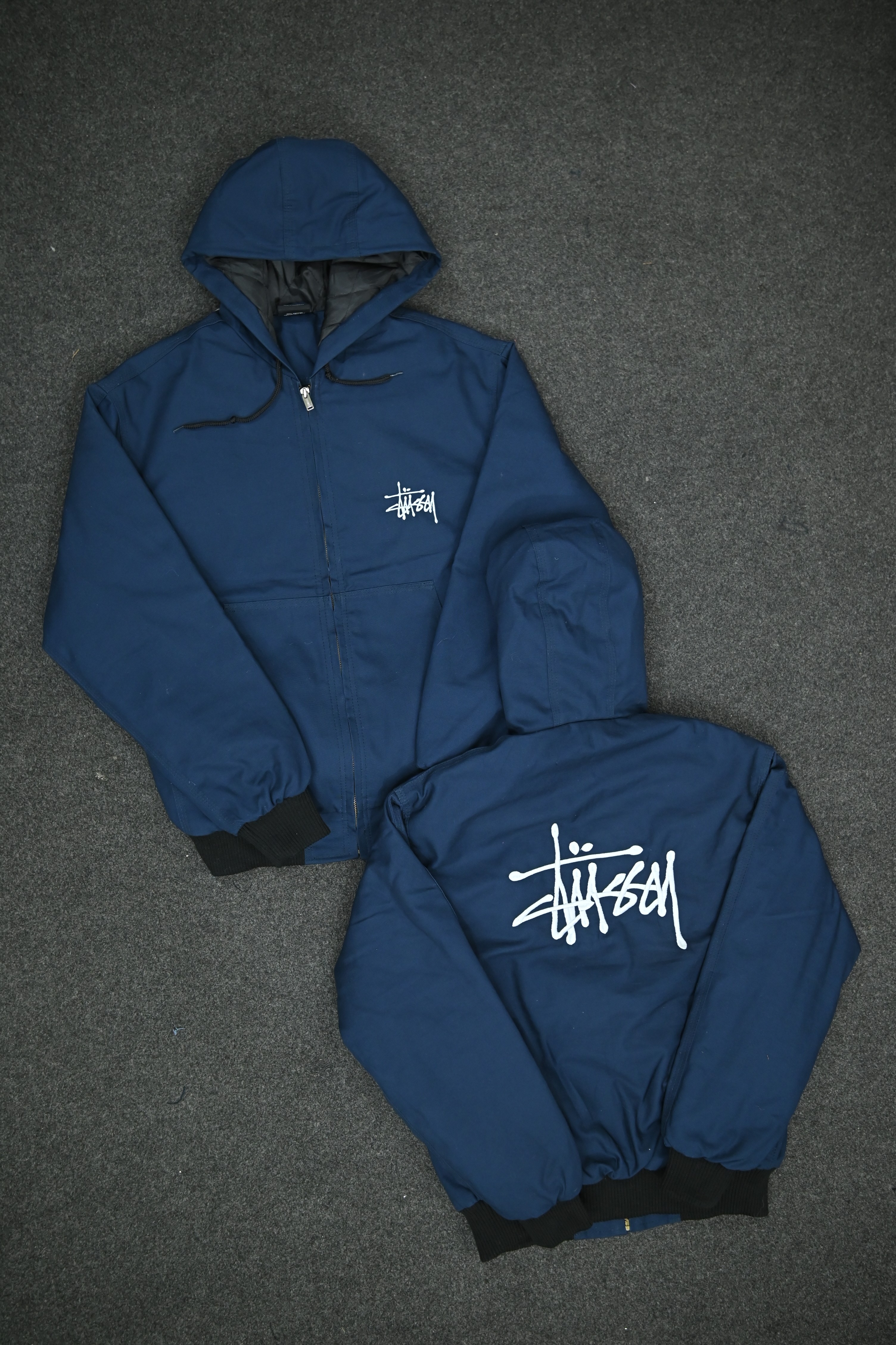 Giacche rework stile active wear Stussy blu navy, ricamo Stussy (davanti e dietro), (SE-004), 5 pezzi