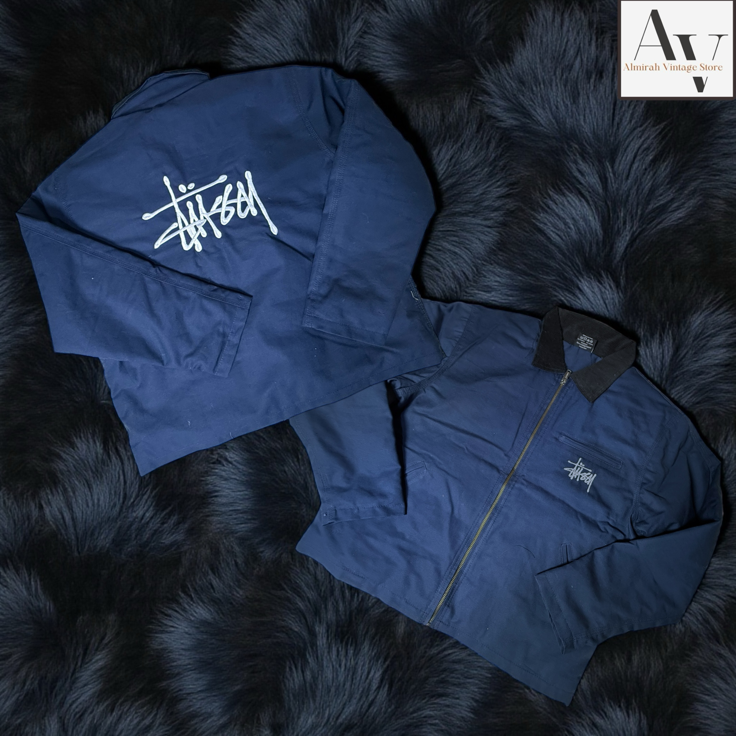 Stussy rework style embroidery detriot jacket in blue