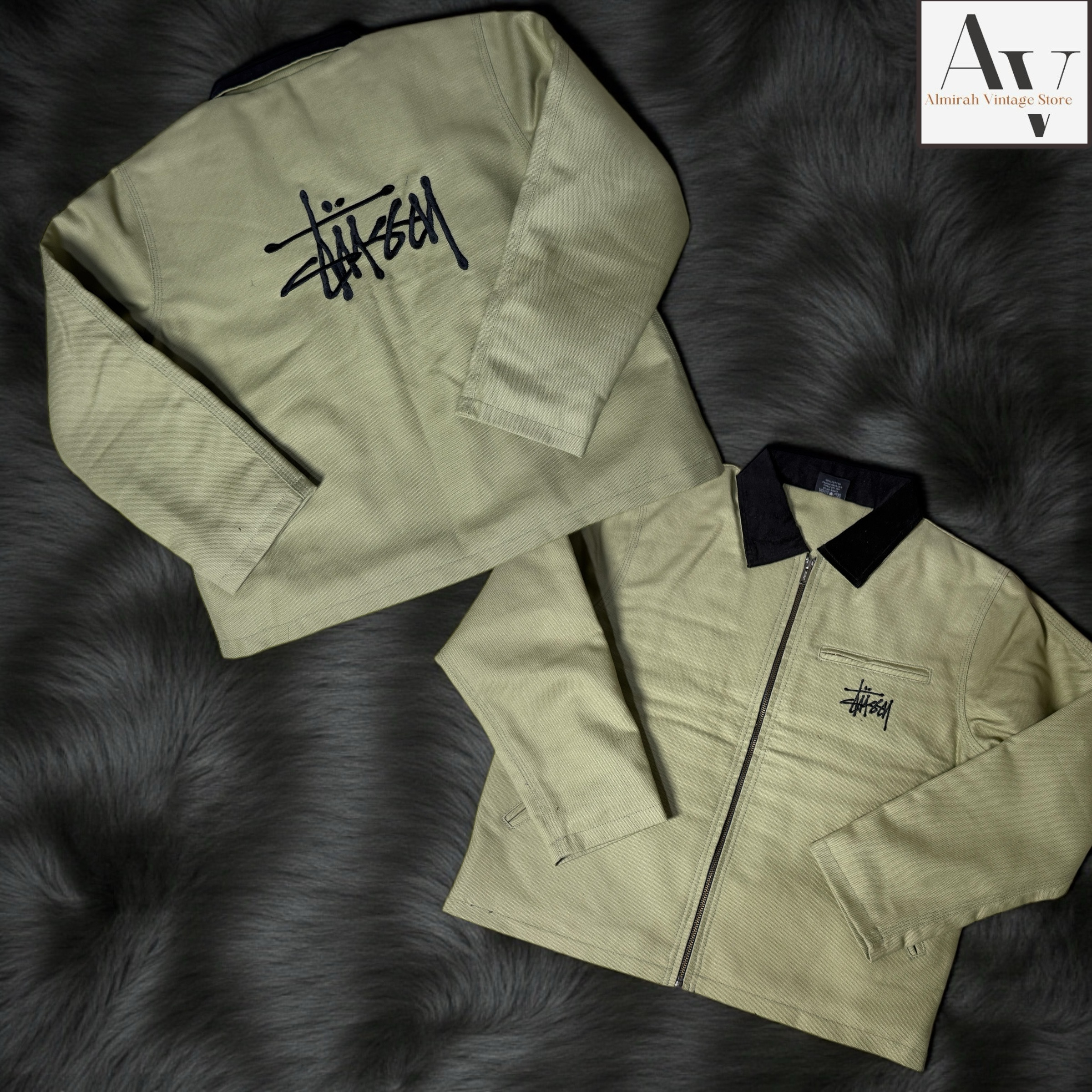 Stussy rework style beige detriot embroidery jacket