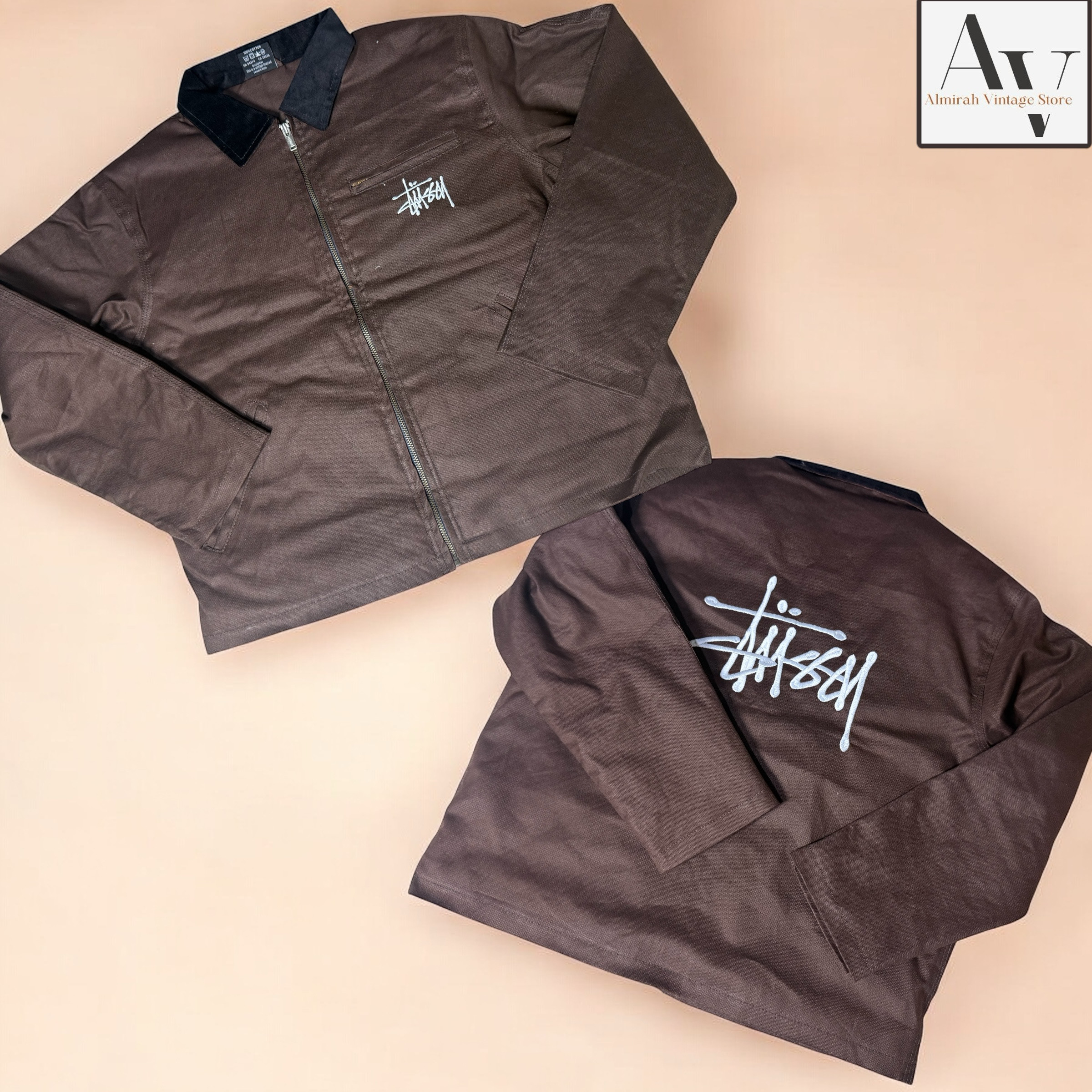 Stussy rework style brown embriodery jacket