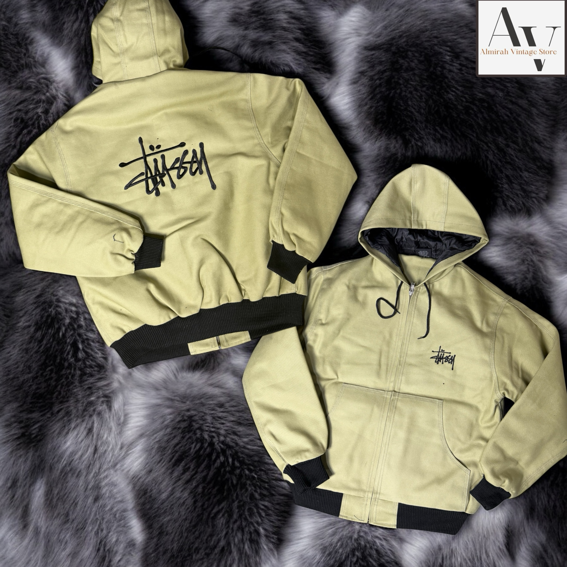 Stussy rework style beige embroidery hooded jacket