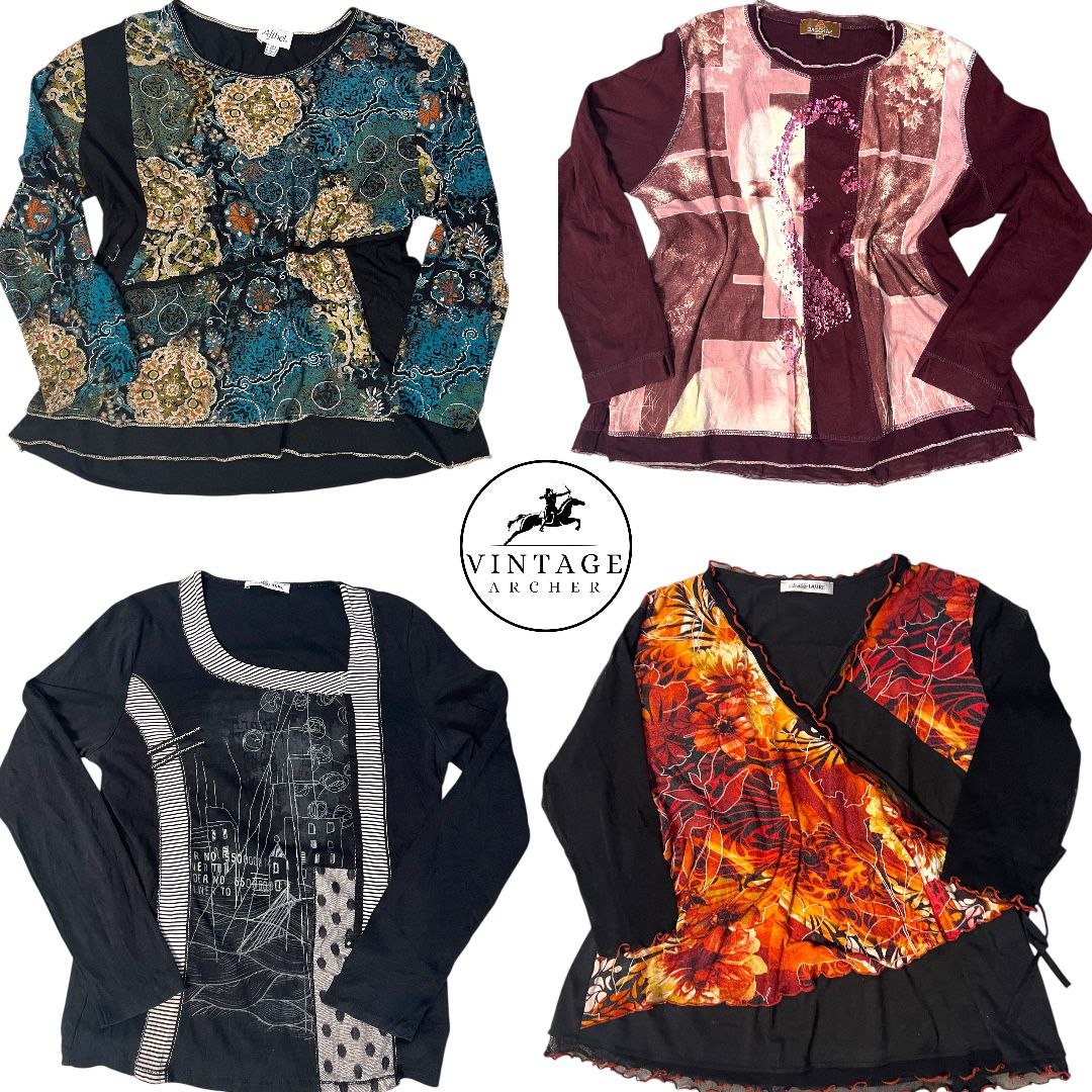 Y2K Retro Women’s Graphic Tops - Artsy Mixed Media Patchwork & Bold Jewel Tone Blouses: 10 Pcs
